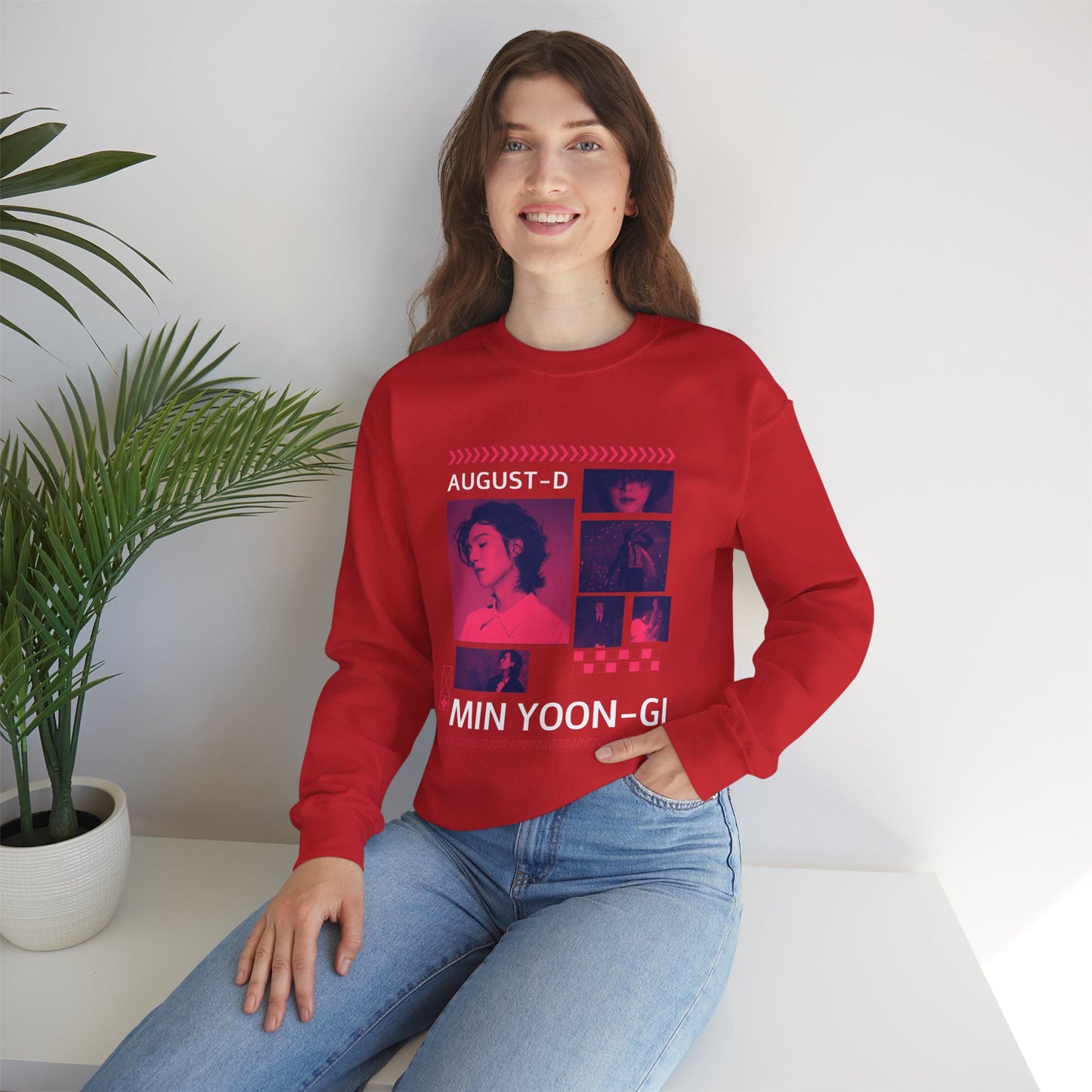 Graphic Crewneck Sweatshirt — 'MIN YOON-GI' Neon Photo Collage