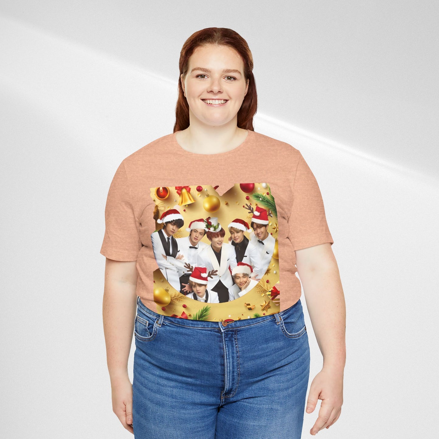 Christmas BTS Photo T‑Shirt — Holiday Santa Hat Group Design