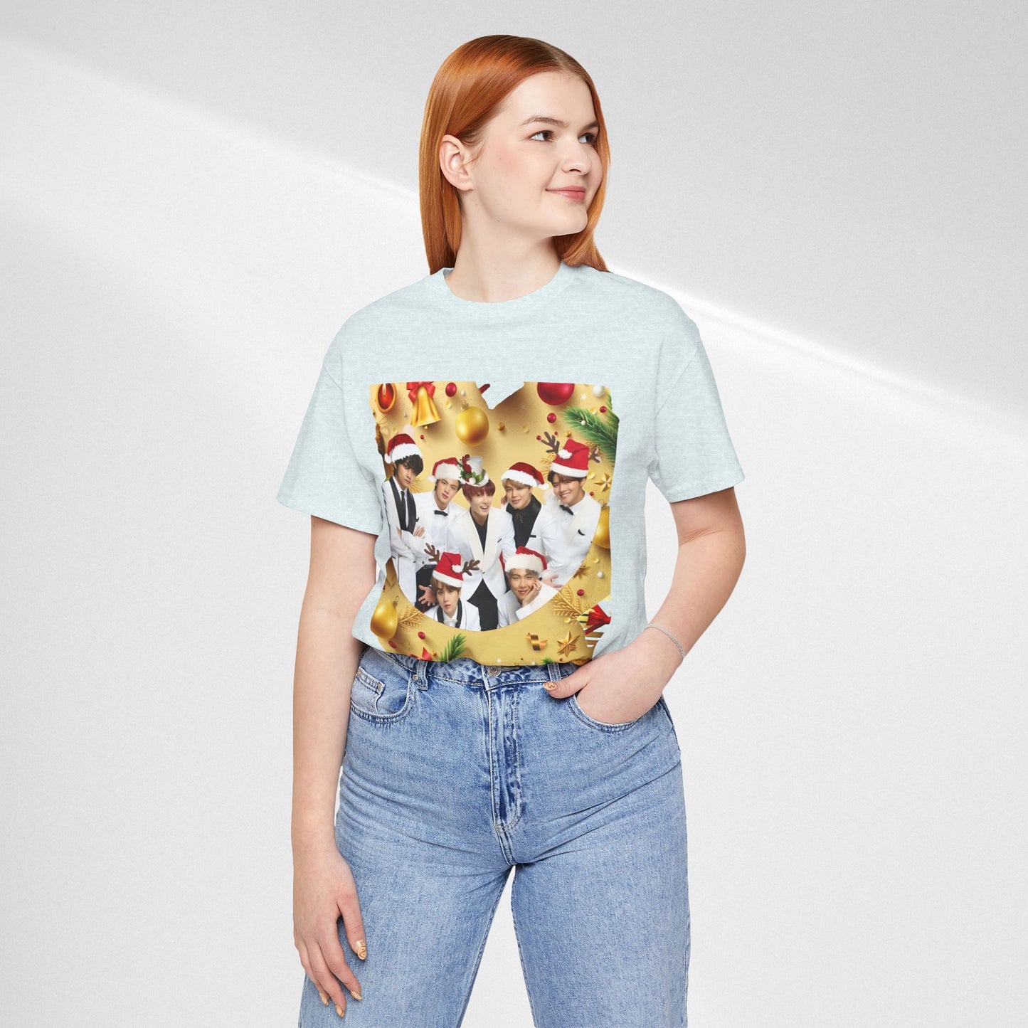 Christmas BTS Photo T‑Shirt — Holiday Santa Hat Group Design