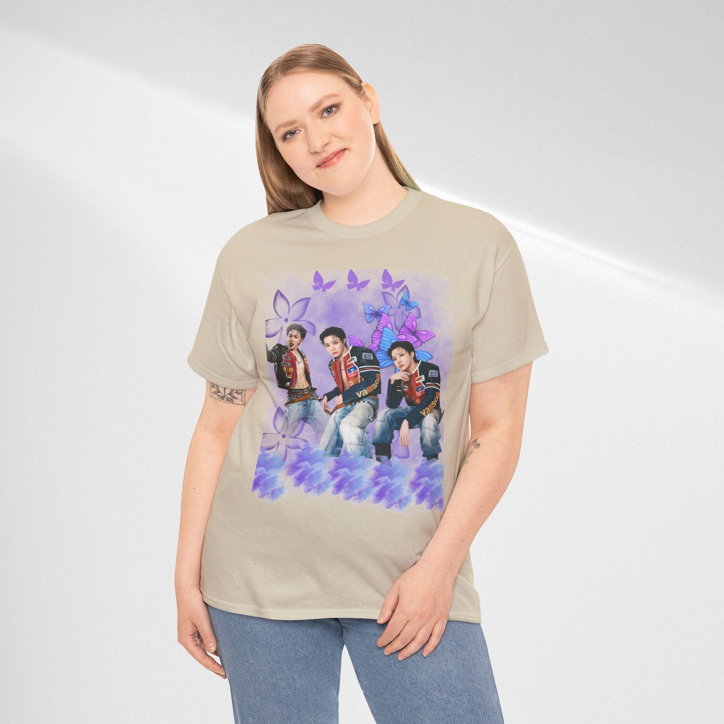 JHOPE Retro Pop Band Portrait Tee — Purple Butterfly Graphic T-Shirt