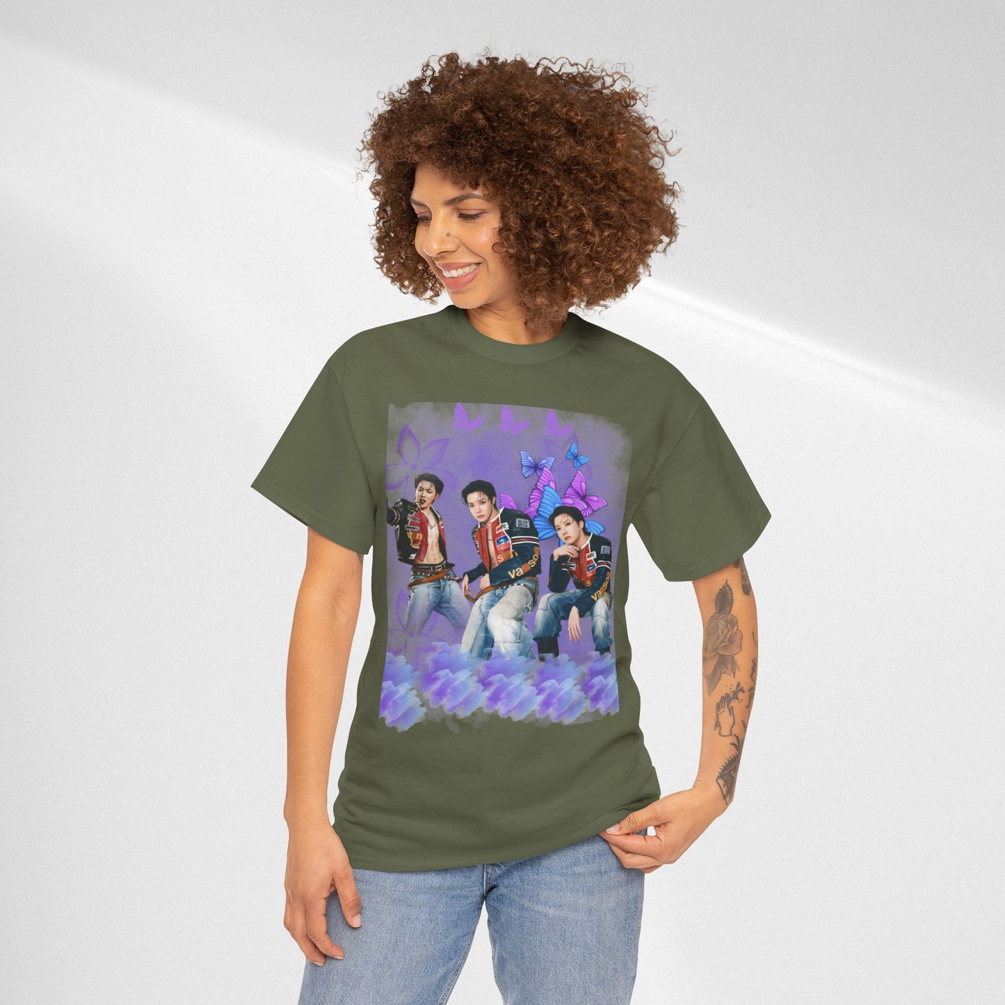 JHOPE Retro Pop Band Portrait Tee — Purple Butterfly Graphic T-Shirt