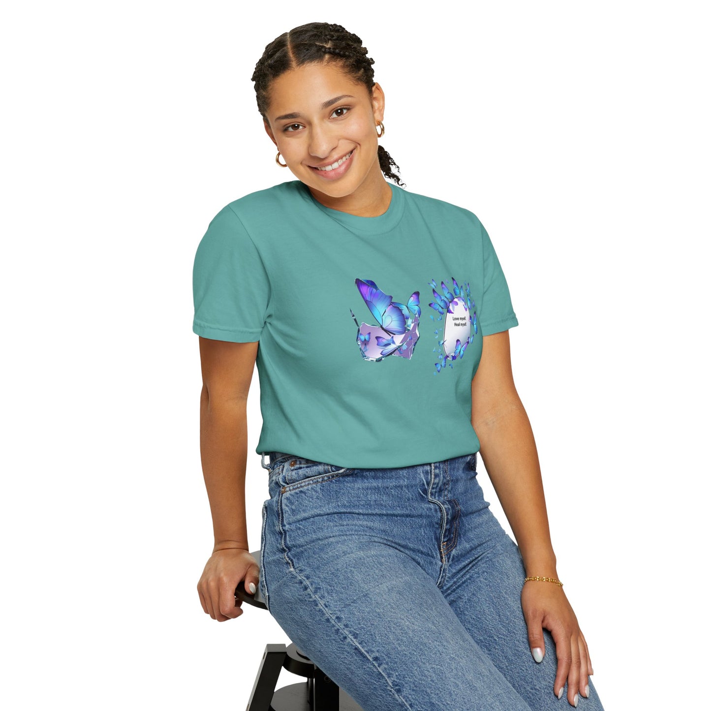 Butterfly Heart T-Shirt — Blue Watercolor Butterflies & "Everyone Deserves Love" Design