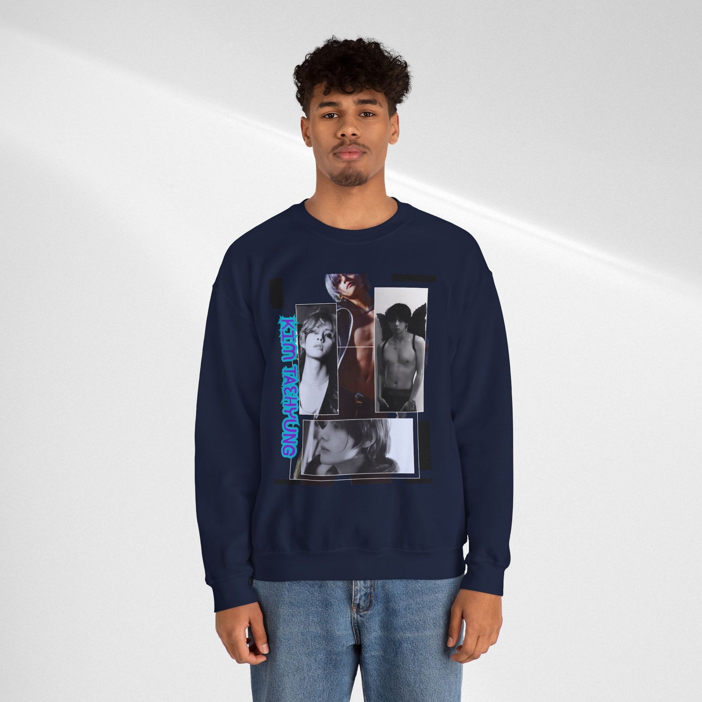Collage Photo Crewneck Sweatshirt — Retro Portraits with Blue 'KPOP TAEHYUNG' Text