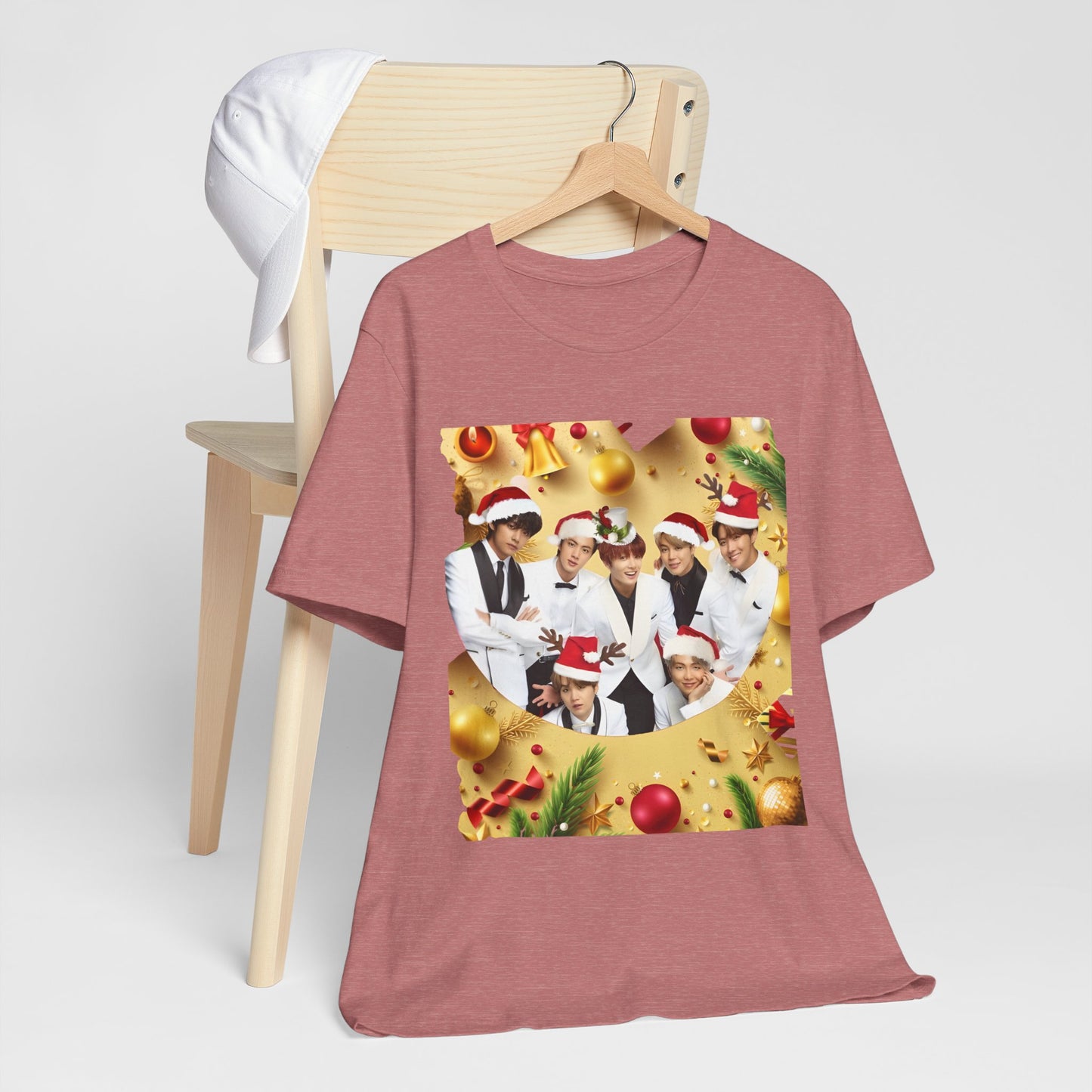 Christmas BTS Photo T‑Shirt — Holiday Santa Hat Group Design