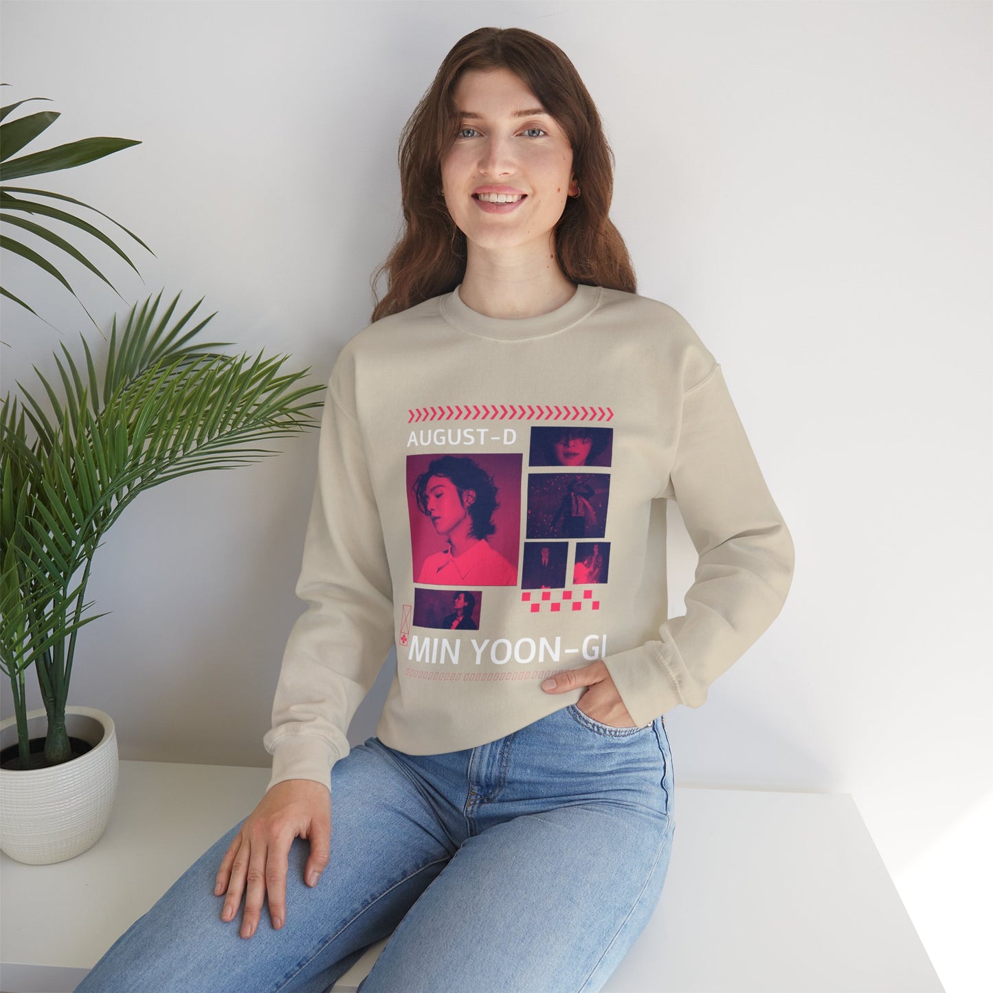 Graphic Crewneck Sweatshirt — 'MIN YOON-GI' Neon Photo Collage