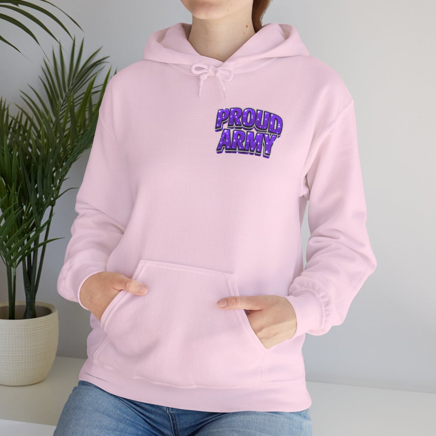 Proud Army Hoodie — Bold Purple Text Military Support Pullover