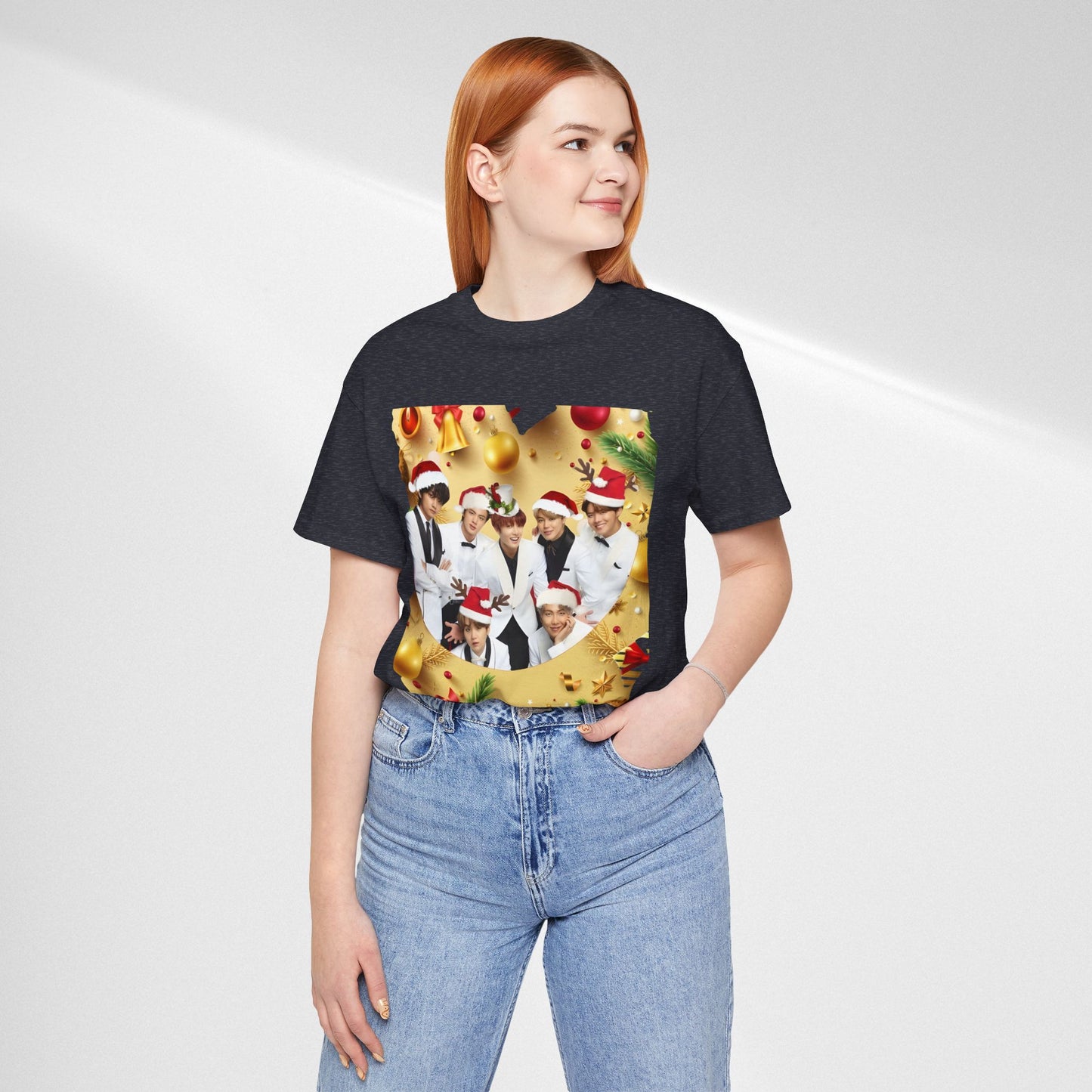Christmas BTS Photo T‑Shirt — Holiday Santa Hat Group Design