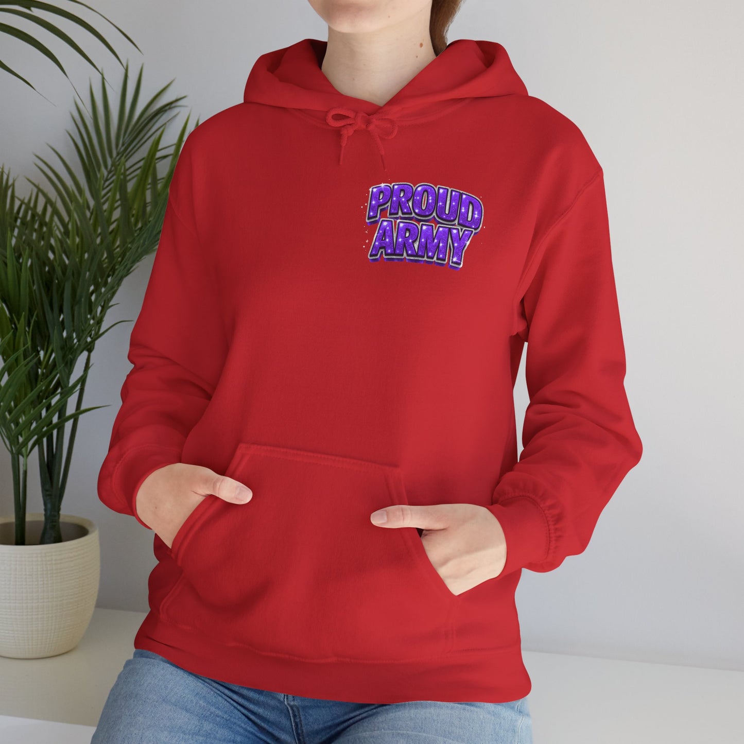 Proud Army Hoodie — Bold Purple Text Military Support Pullover