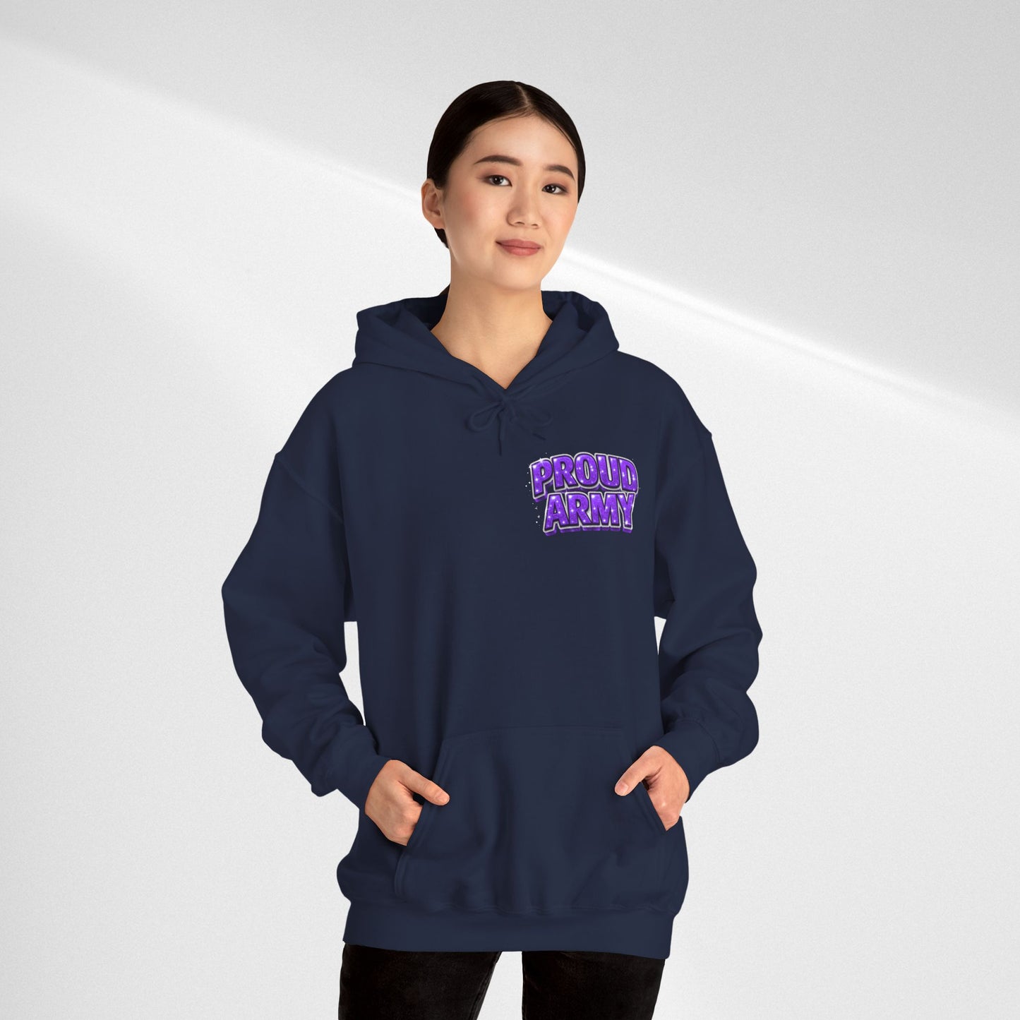 Proud Army Hoodie — Bold Purple Text Military Support Pullover