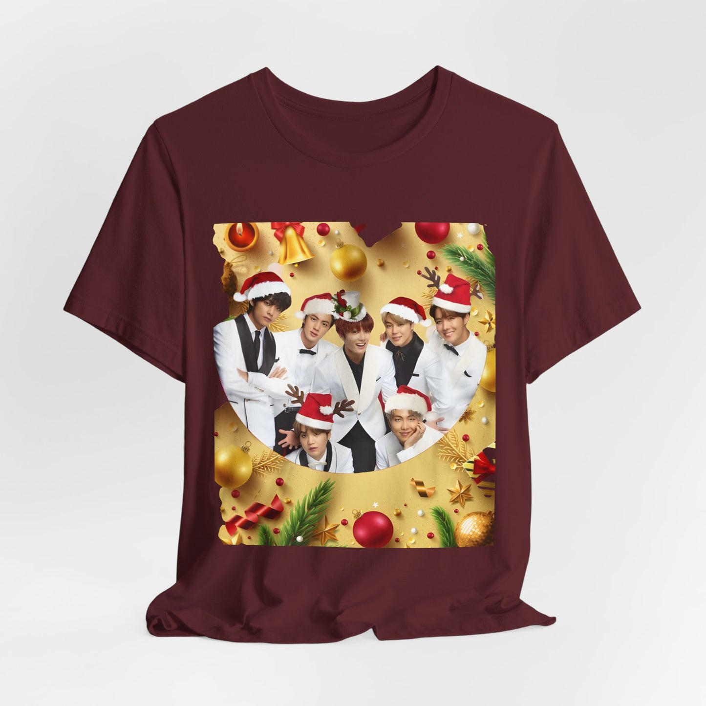 Christmas BTS Photo T‑Shirt — Holiday Santa Hat Group Design