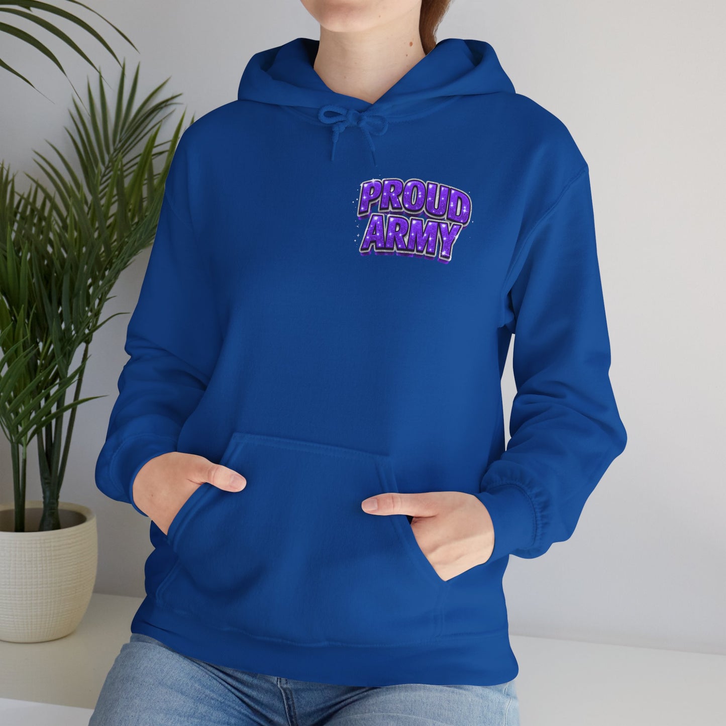 Proud Army Hoodie — Bold Purple Text Military Support Pullover