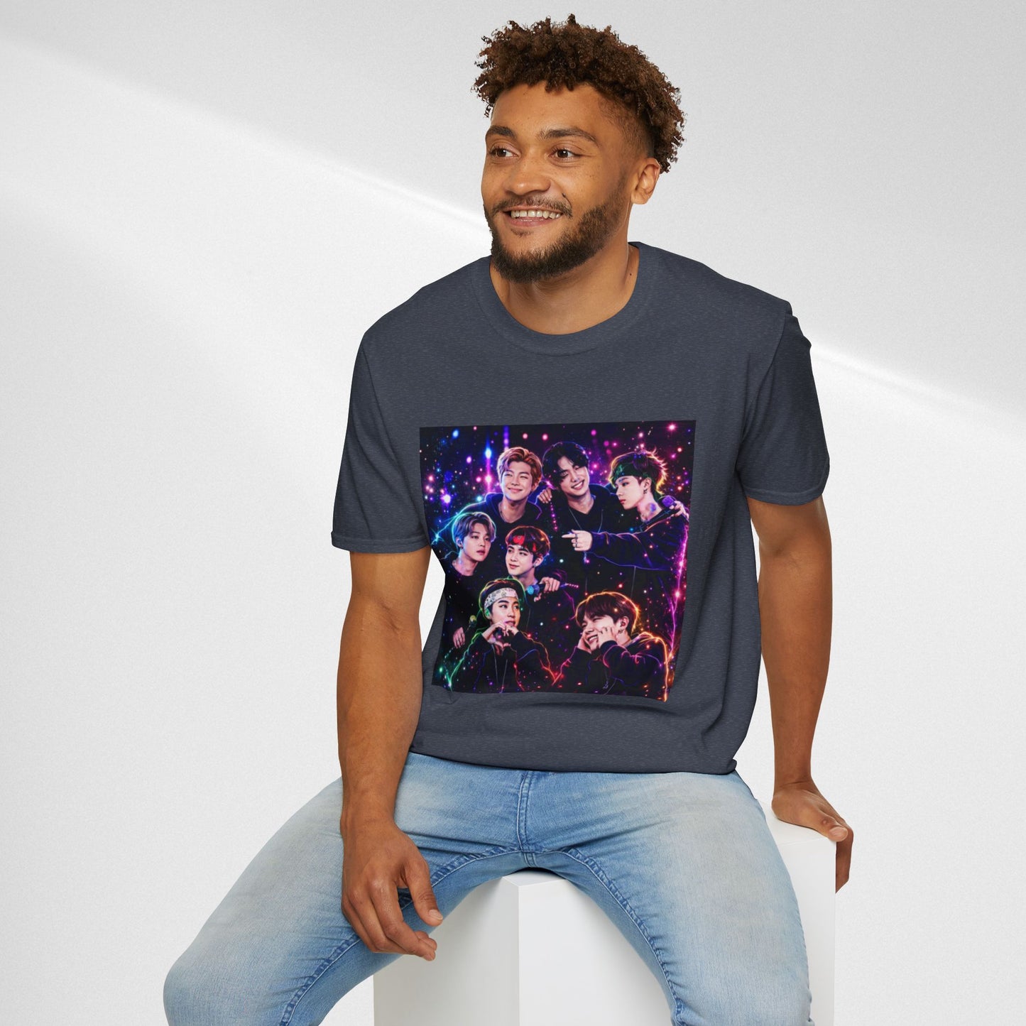BTS K-Pop Group Photo Tee — Colorful Neon Concert Band Shirt