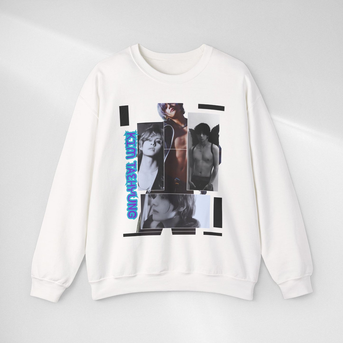 Collage Photo Crewneck Sweatshirt — Retro Portraits with Blue 'KPOP TAEHYUNG' Text