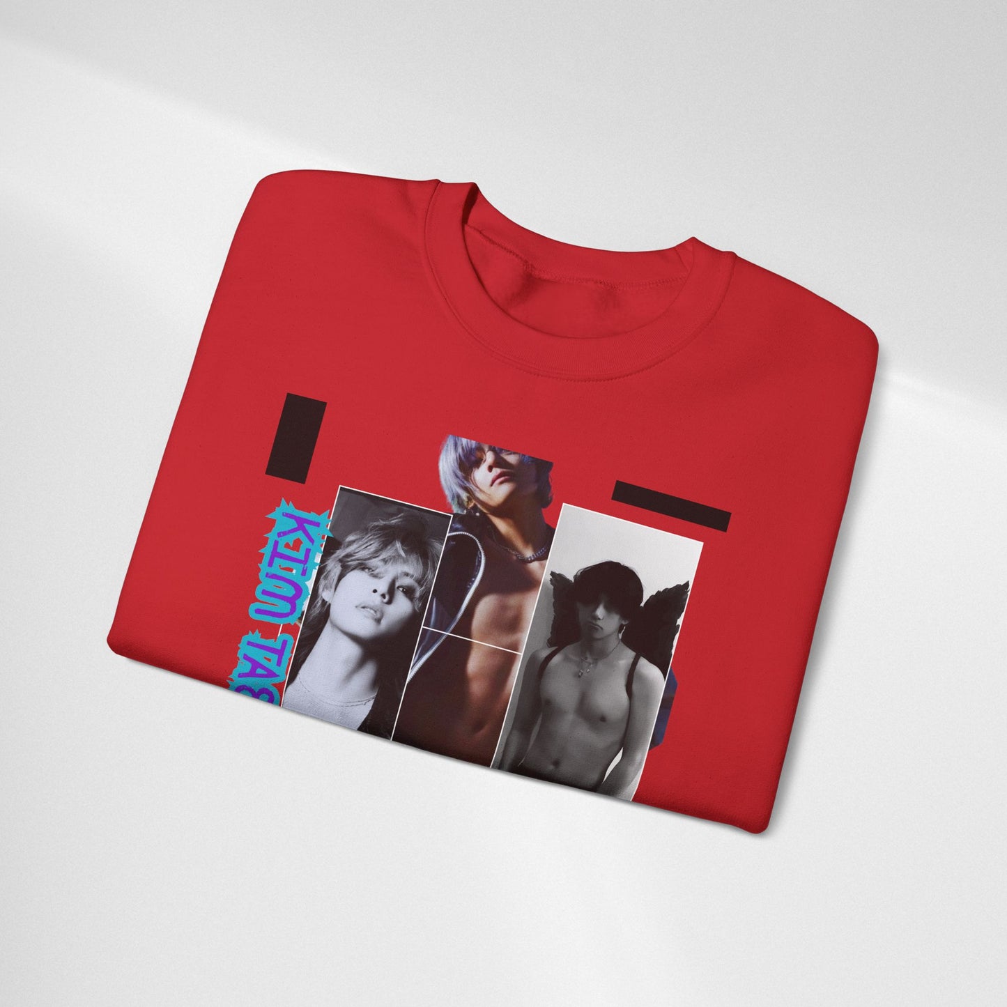 Collage Photo Crewneck Sweatshirt — Retro Portraits with Blue 'KPOP TAEHYUNG' Text