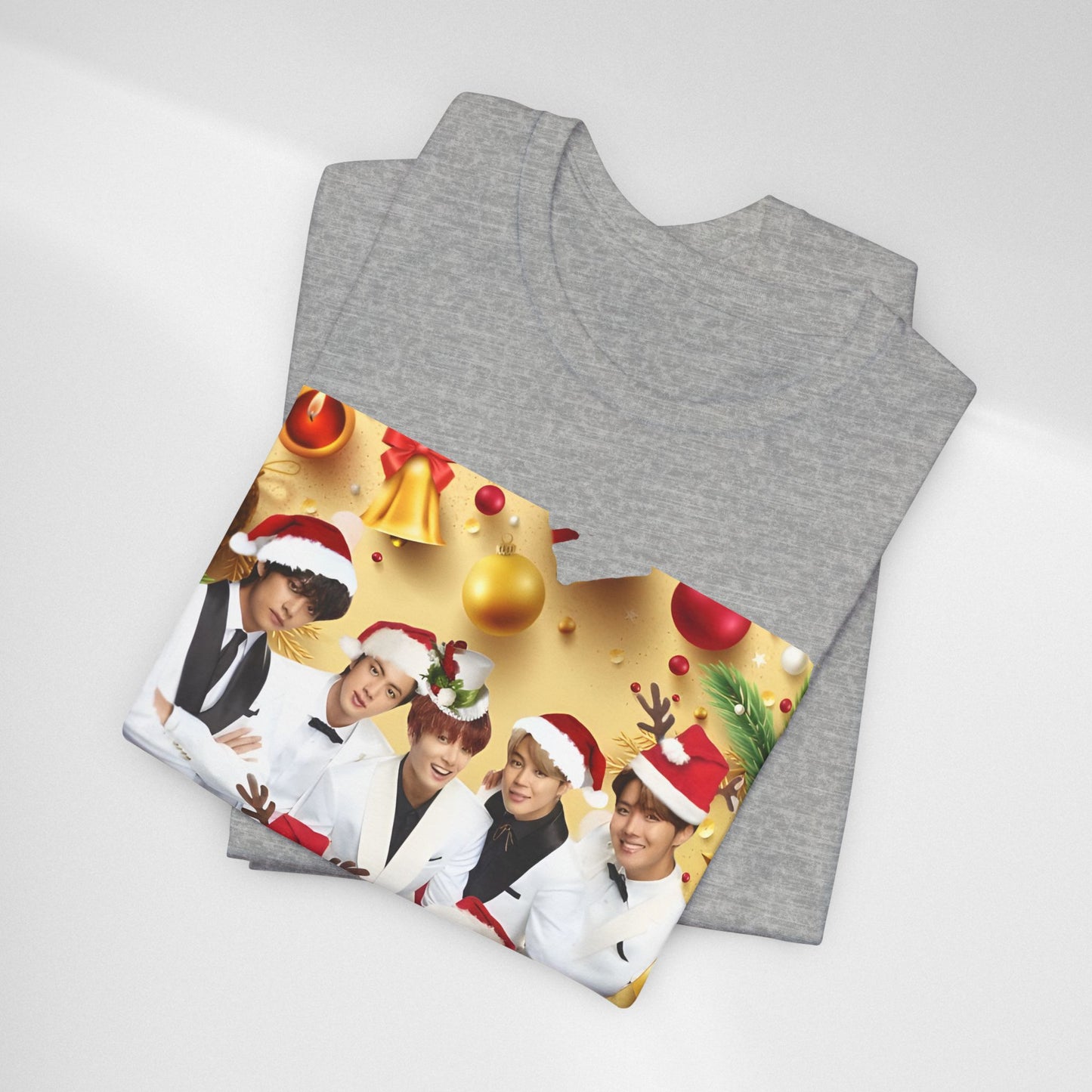 Christmas BTS Photo T‑Shirt — Holiday Santa Hat Group Design
