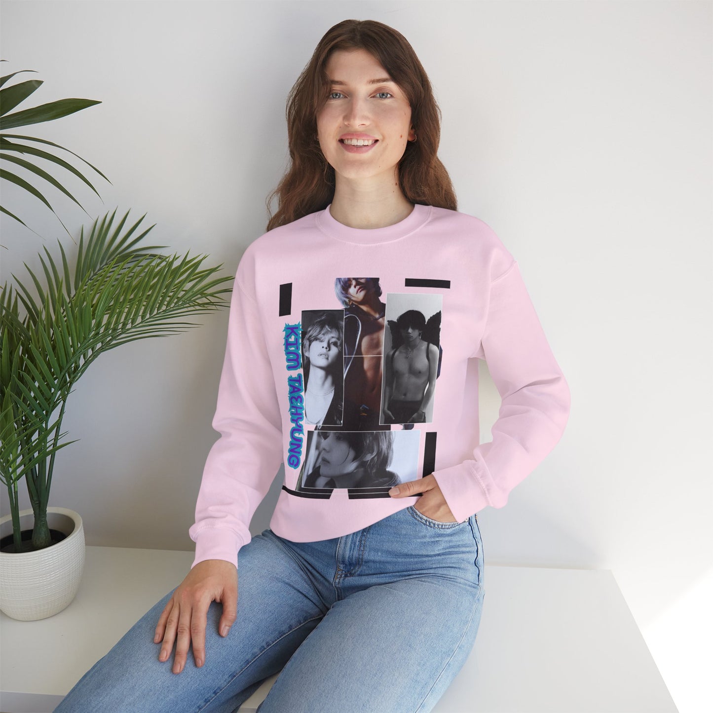 Collage Photo Crewneck Sweatshirt — Retro Portraits with Blue 'KPOP TAEHYUNG' Text