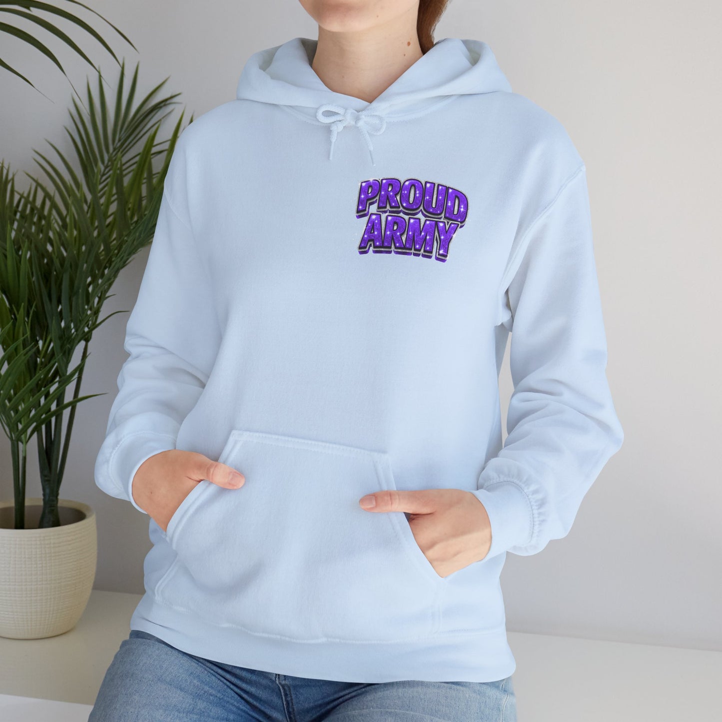 Proud Army Hoodie — Bold Purple Text Military Support Pullover