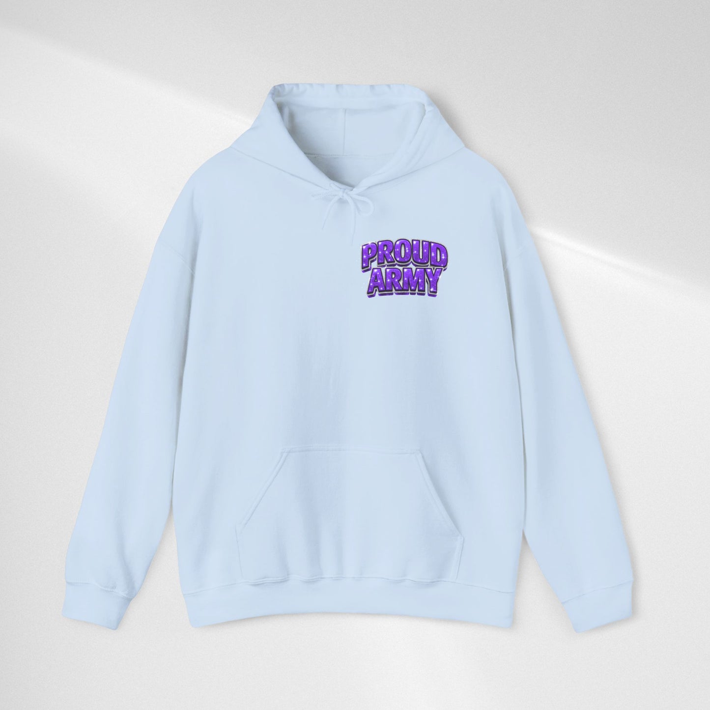 Proud Army Hoodie — Bold Purple Text Military Support Pullover