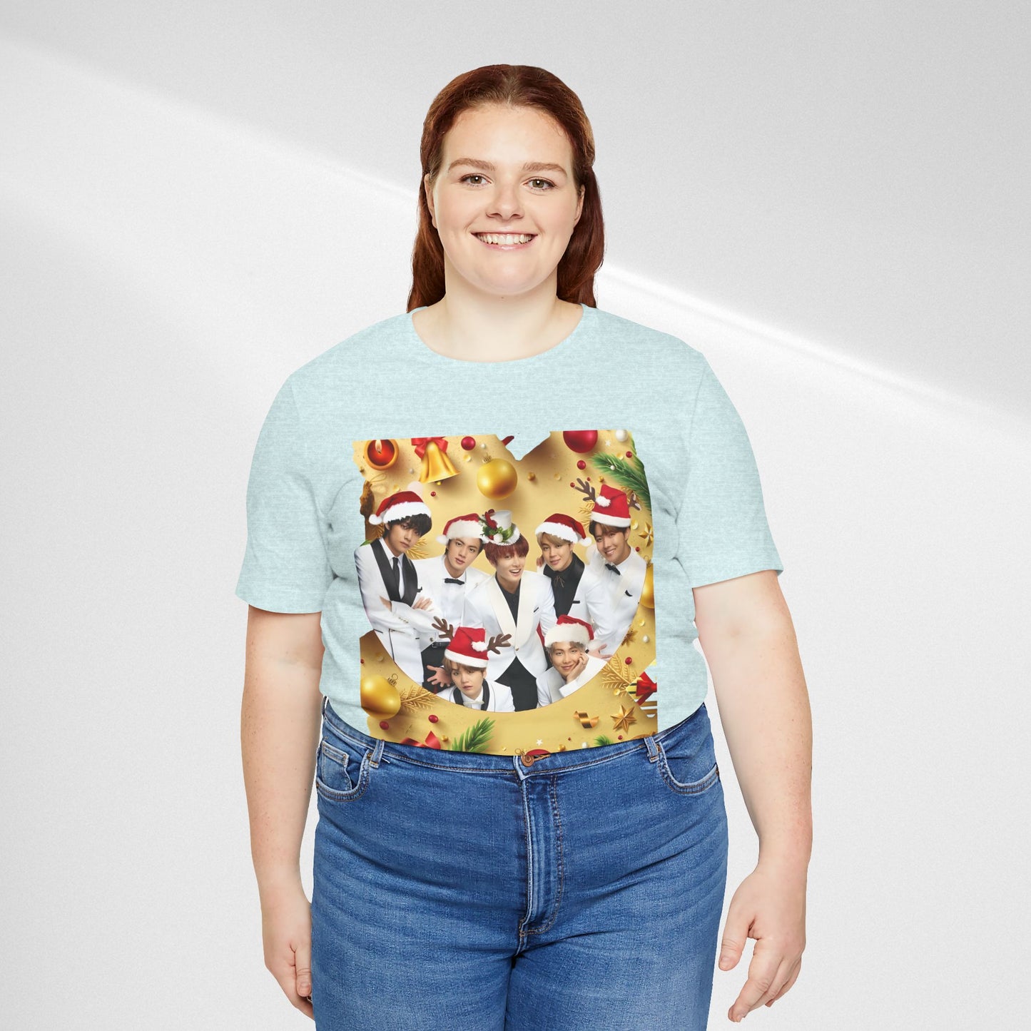 Christmas BTS Photo T‑Shirt — Holiday Santa Hat Group Design