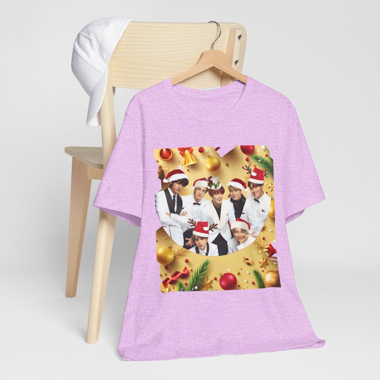 Christmas BTS Photo T‑Shirt — Holiday Santa Hat Group Design