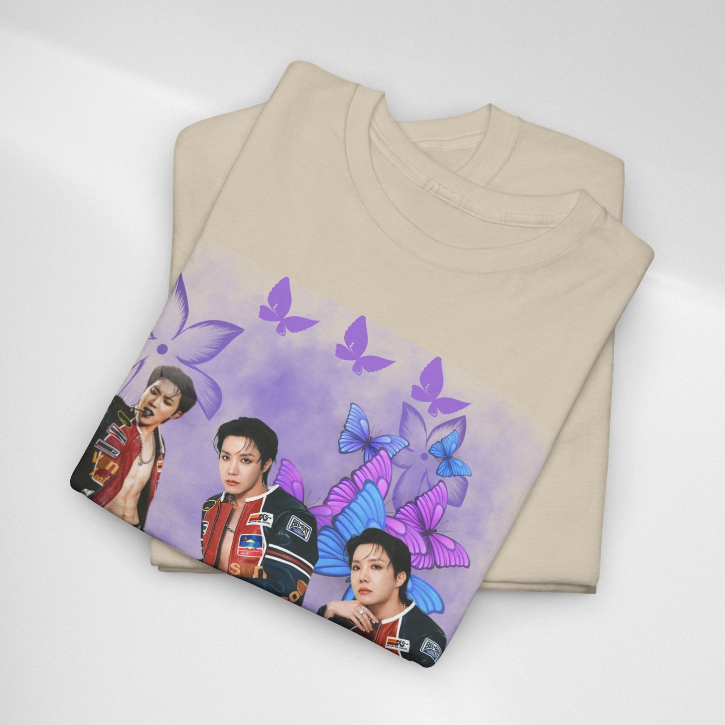 JHOPE Retro Pop Band Portrait Tee — Purple Butterfly Graphic T-Shirt