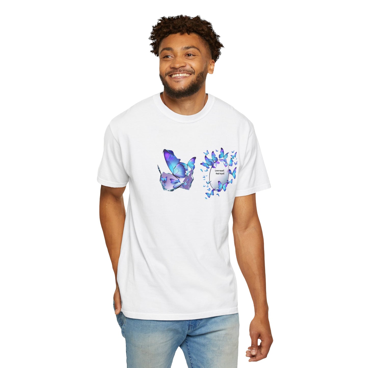 Butterfly Heart T-Shirt — Blue Watercolor Butterflies & "Everyone Deserves Love" Design