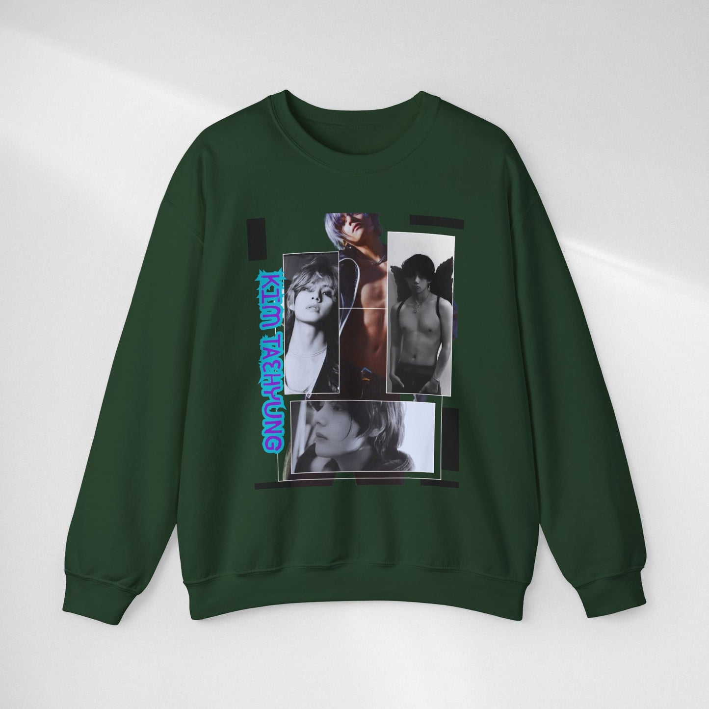 Collage Photo Crewneck Sweatshirt — Retro Portraits with Blue 'KPOP TAEHYUNG' Text