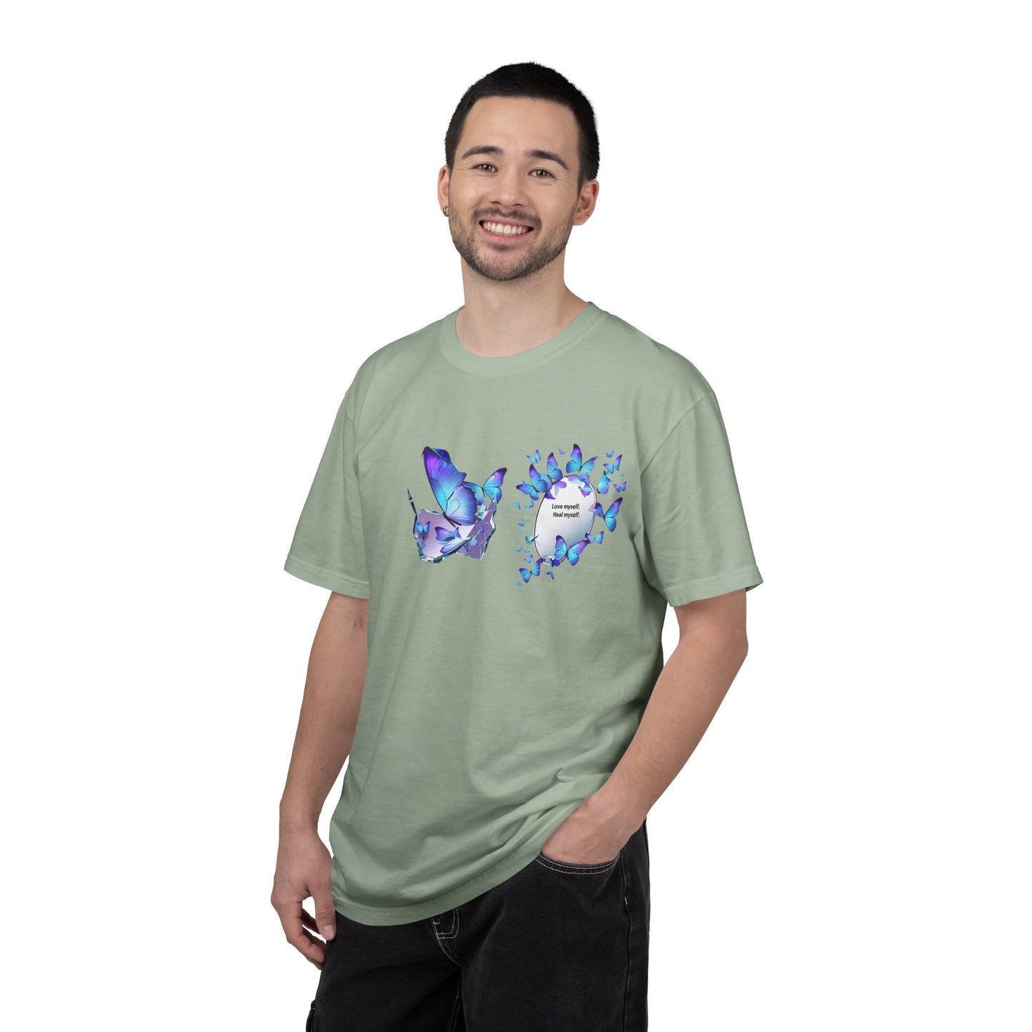 Butterfly Heart T-Shirt — Blue Watercolor Butterflies & "Everyone Deserves Love" Design