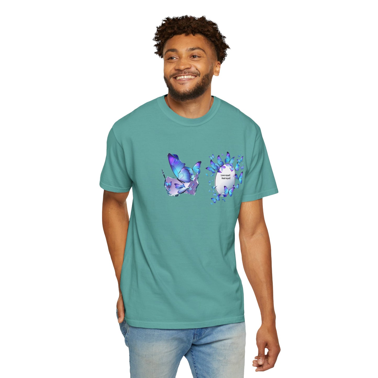 Butterfly Heart T-Shirt — Blue Watercolor Butterflies & "Everyone Deserves Love" Design