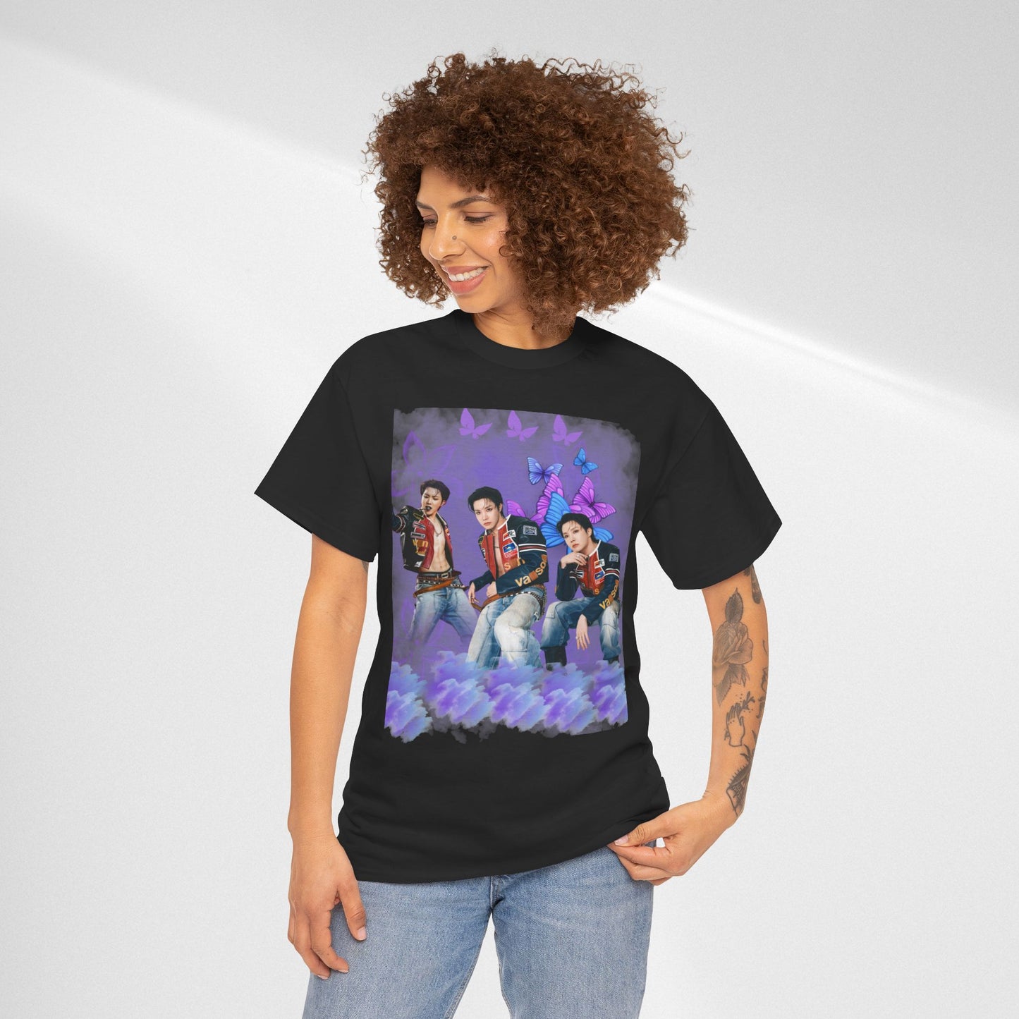 JHOPE Retro Pop Band Portrait Tee — Purple Butterfly Graphic T-Shirt