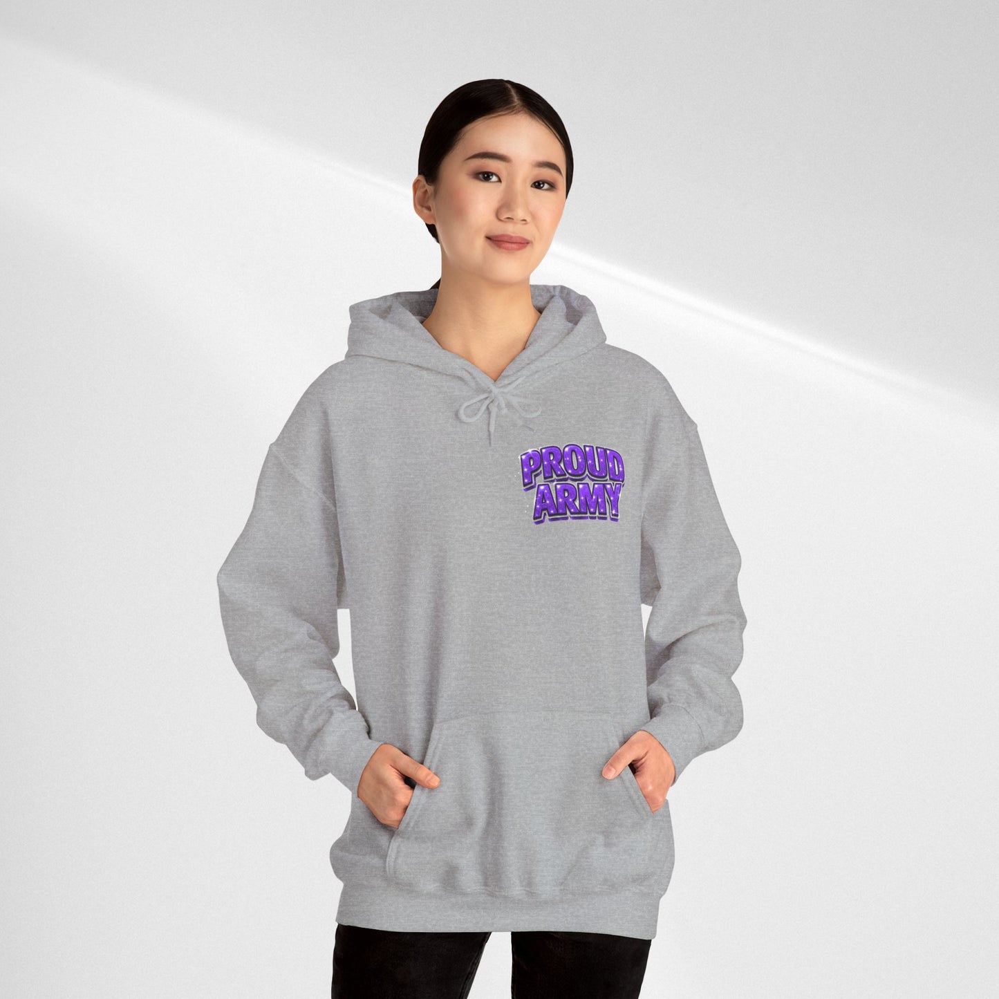 Proud Army Hoodie — Bold Purple Text Military Support Pullover