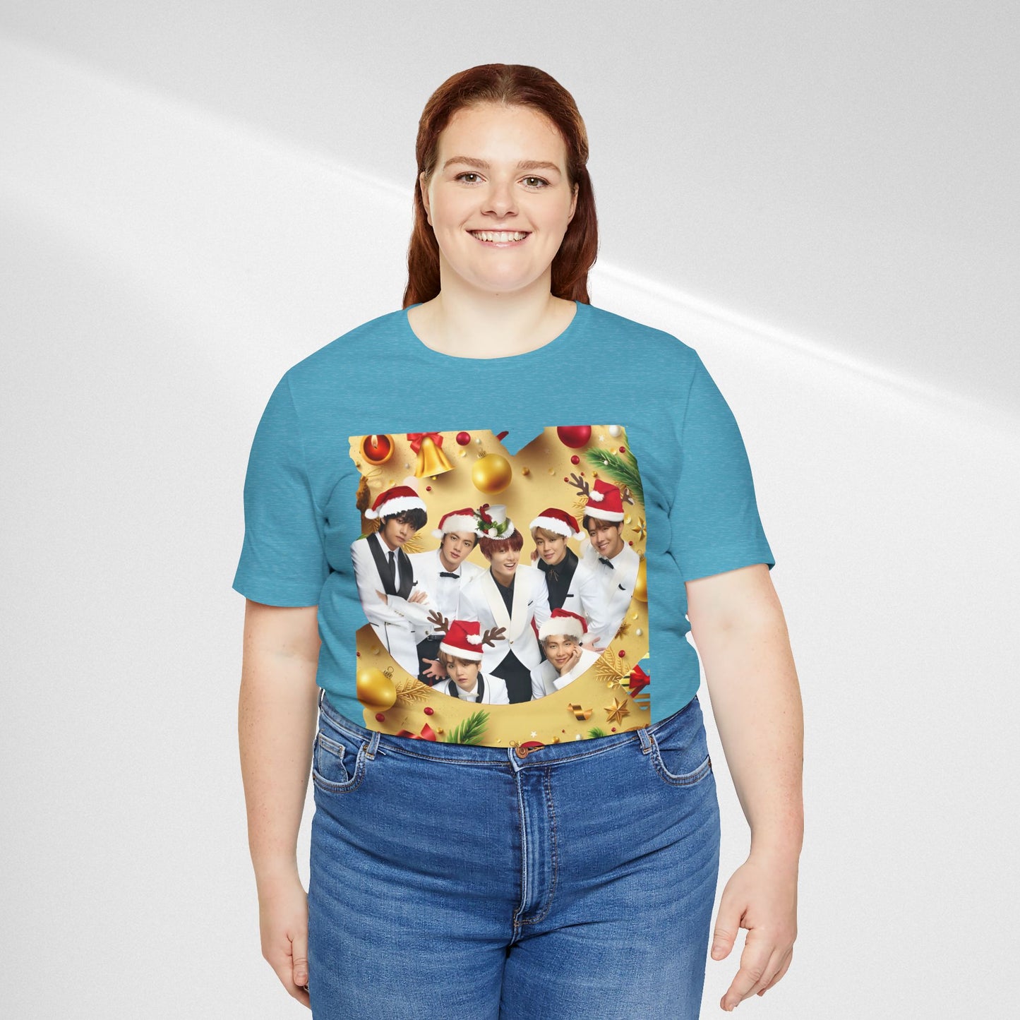 Christmas BTS Photo T‑Shirt — Holiday Santa Hat Group Design