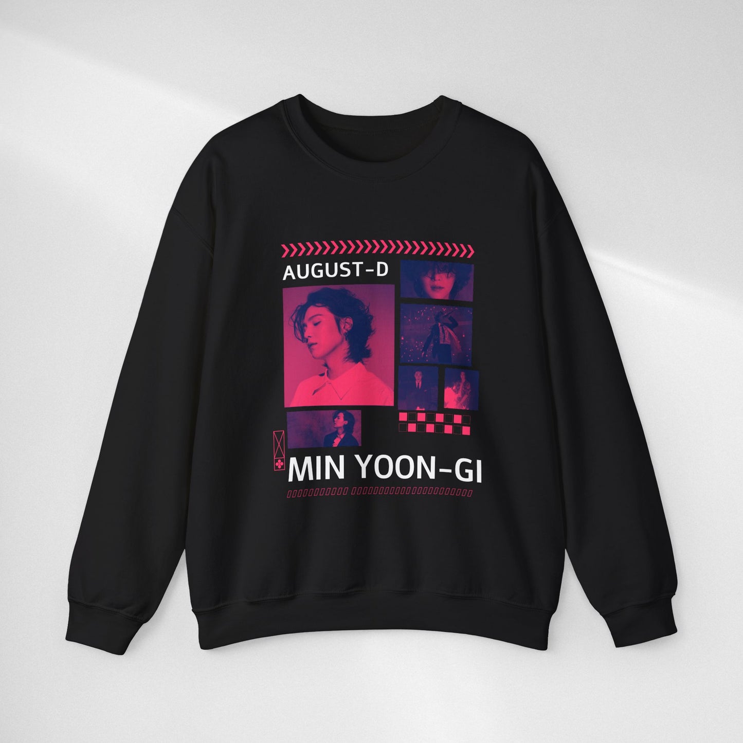 Graphic Crewneck Sweatshirt — 'MIN YOON-GI' Neon Photo Collage