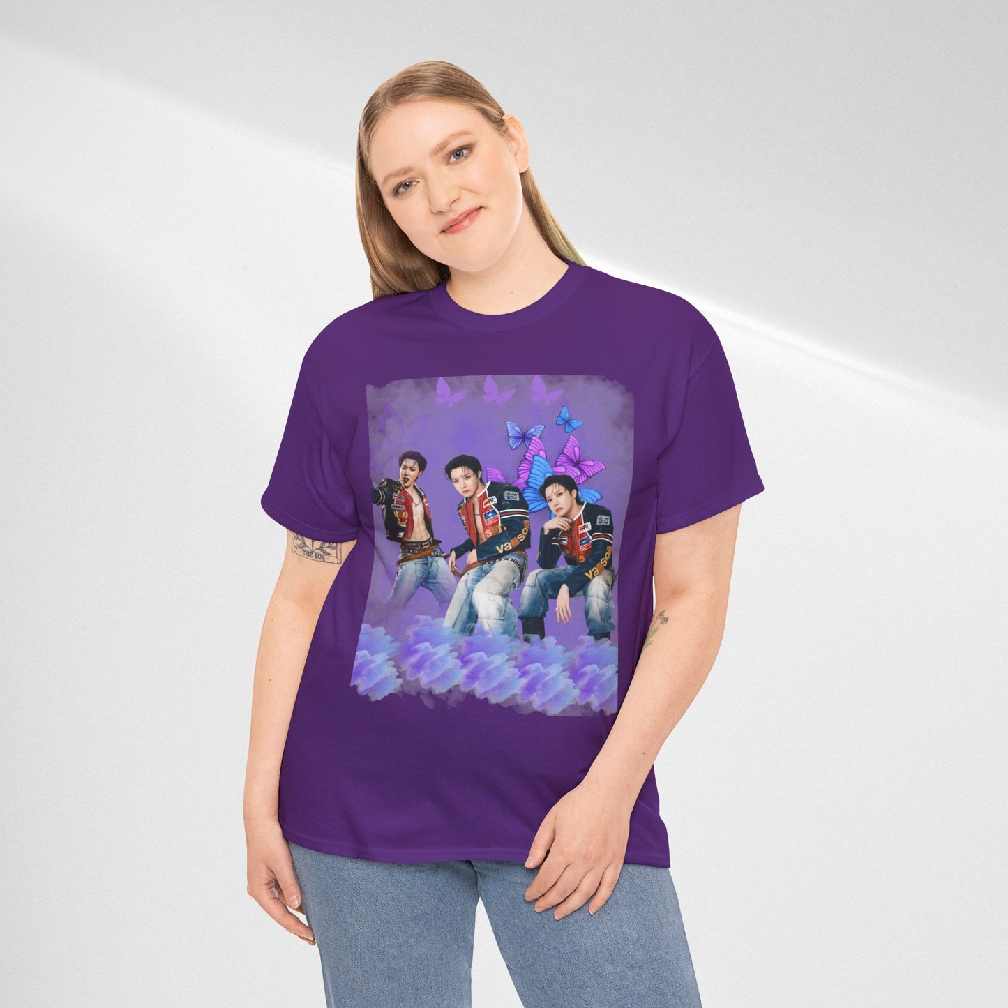 JHOPE Retro Pop Band Portrait Tee — Purple Butterfly Graphic T-Shirt