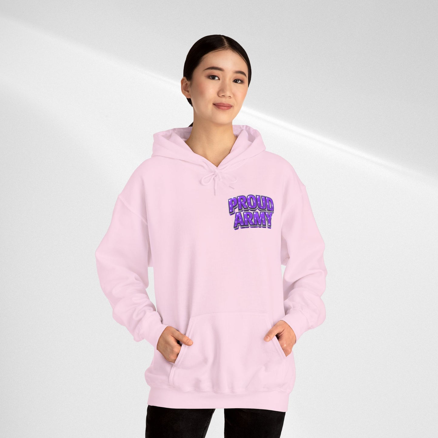Proud Army Hoodie — Bold Purple Text Military Support Pullover