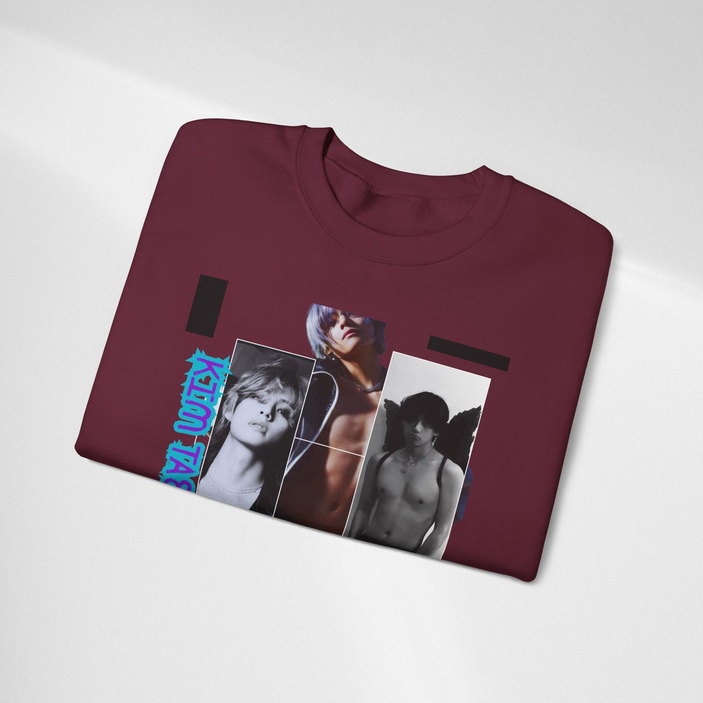 Collage Photo Crewneck Sweatshirt — Retro Portraits with Blue 'KPOP TAEHYUNG' Text