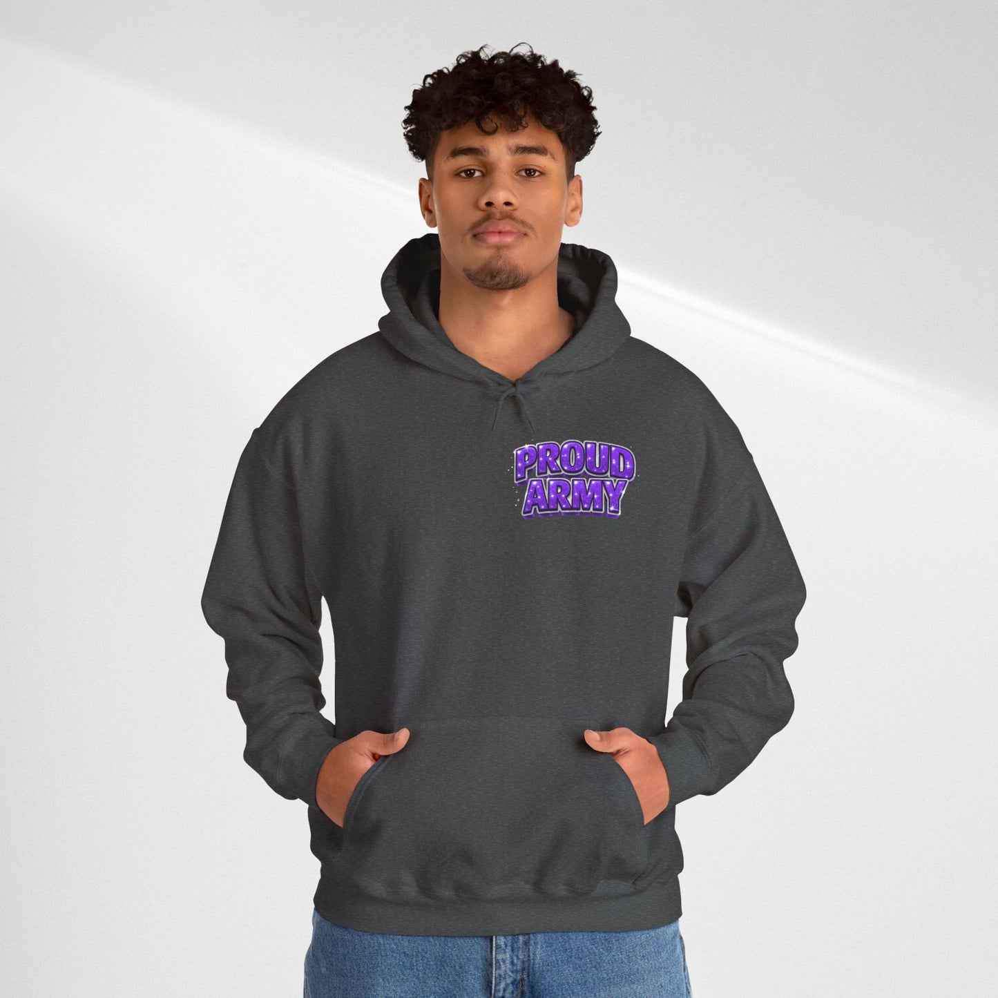 Proud Army Hoodie — Bold Purple Text Military Support Pullover