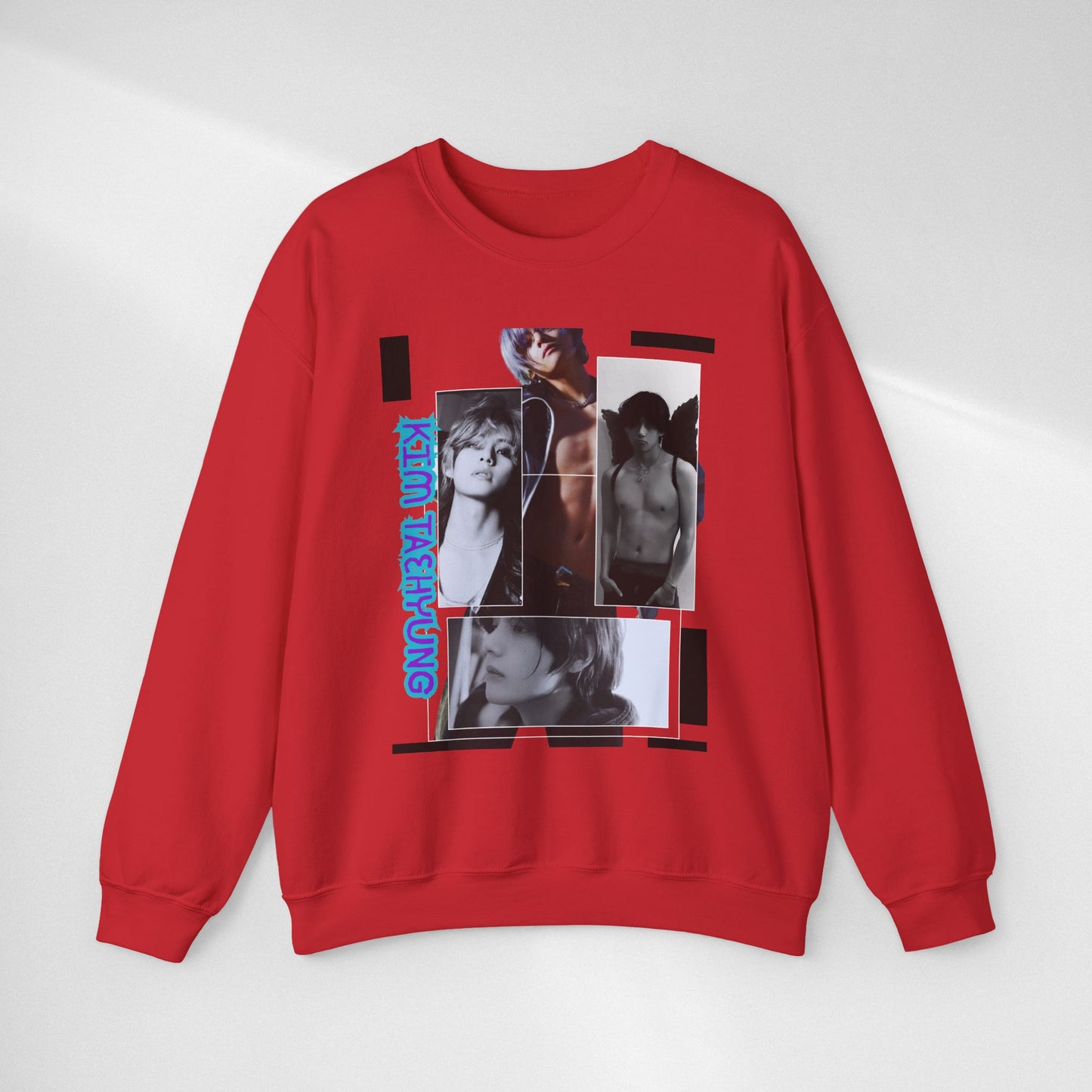Collage Photo Crewneck Sweatshirt — Retro Portraits with Blue 'KPOP TAEHYUNG' Text