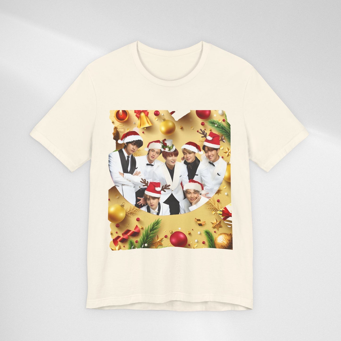 Christmas BTS Photo T‑Shirt — Holiday Santa Hat Group Design