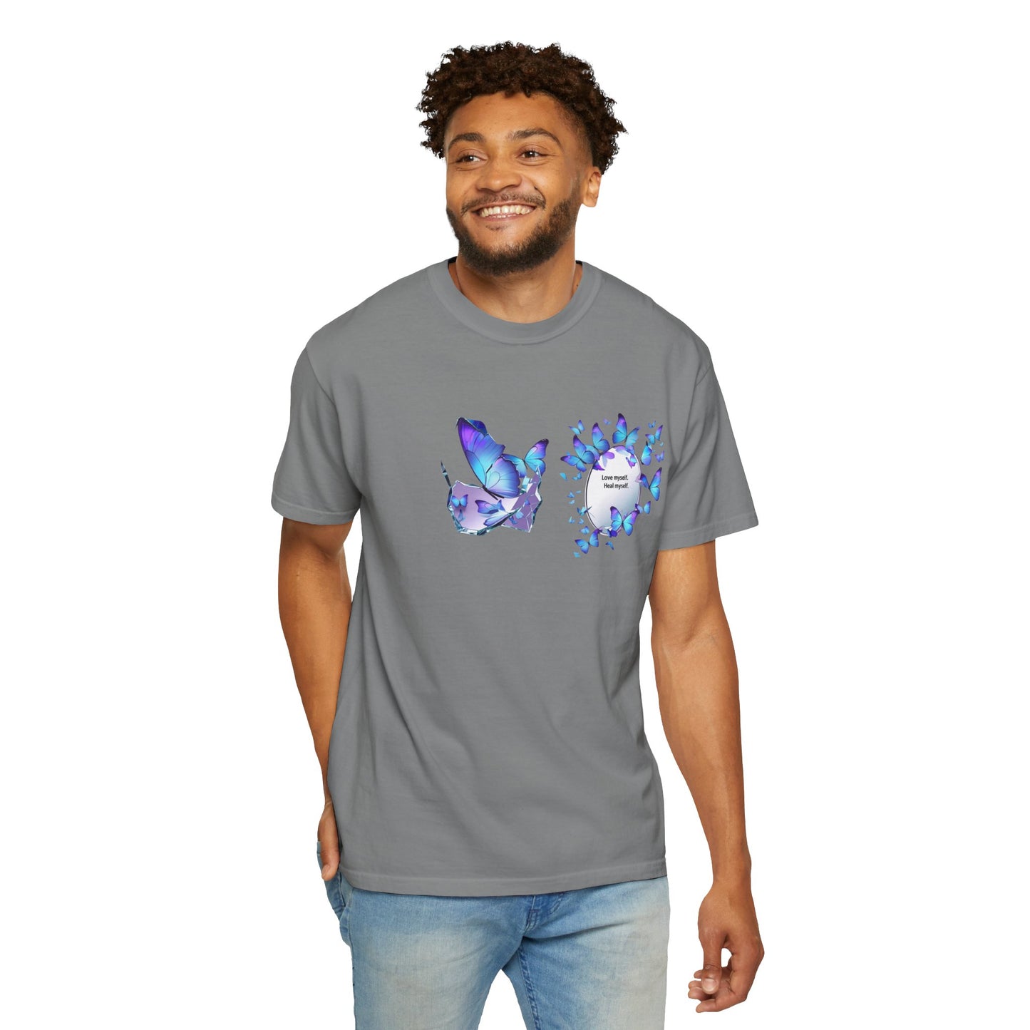 Butterfly Heart T-Shirt — Blue Watercolor Butterflies & "Everyone Deserves Love" Design