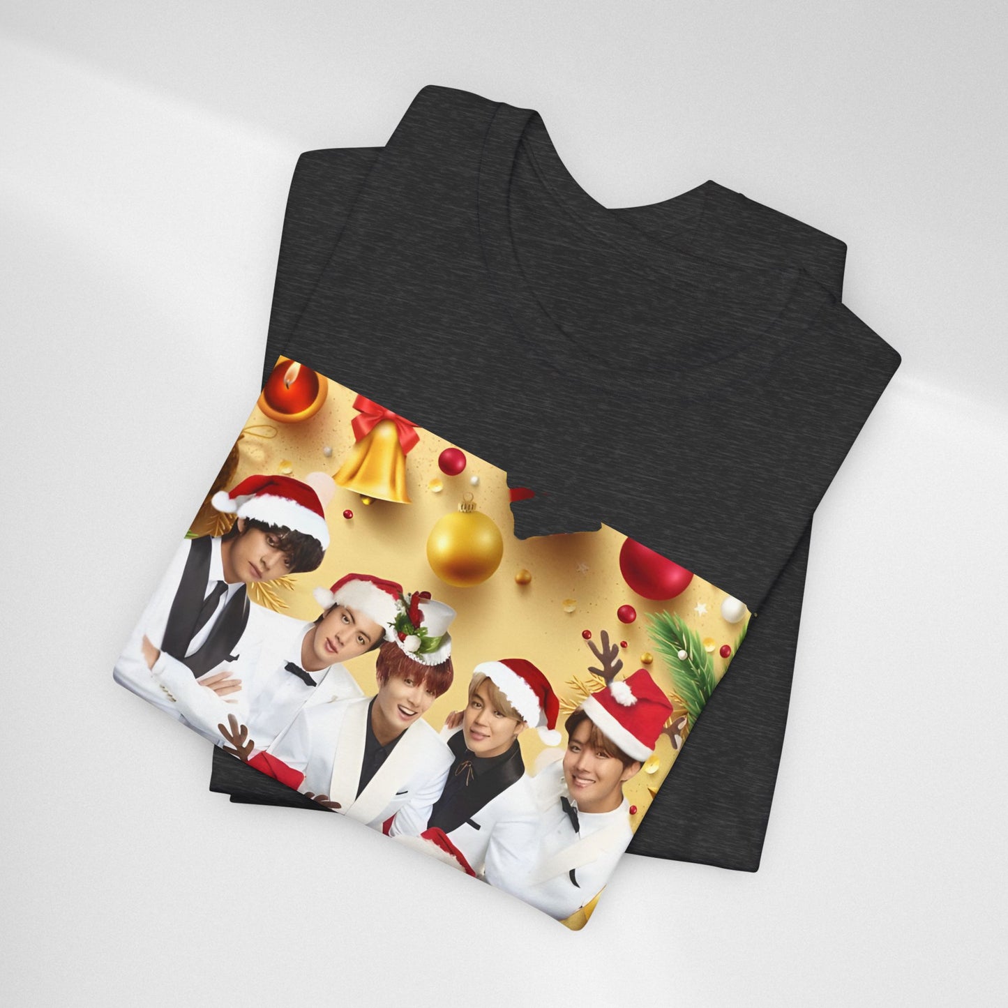 Christmas BTS Photo T‑Shirt — Holiday Santa Hat Group Design