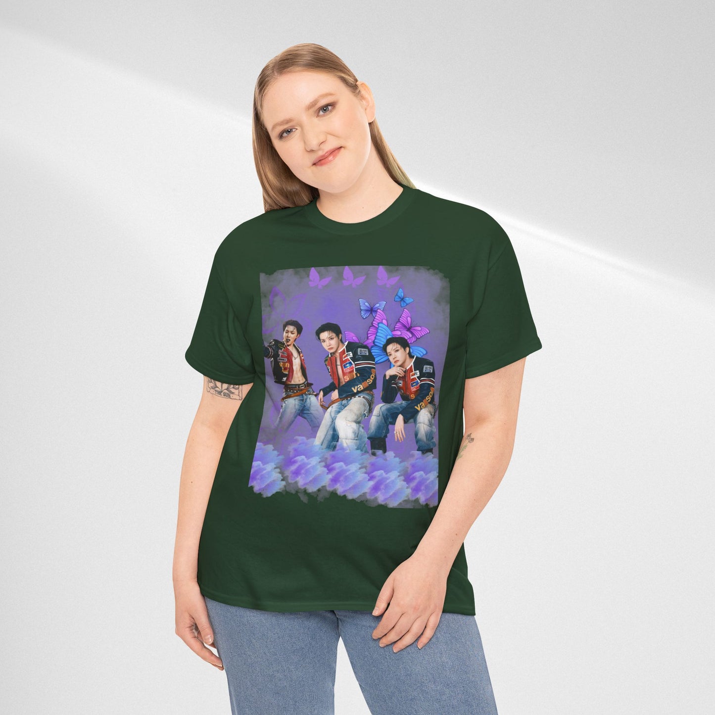 JHOPE Retro Pop Band Portrait Tee — Purple Butterfly Graphic T-Shirt