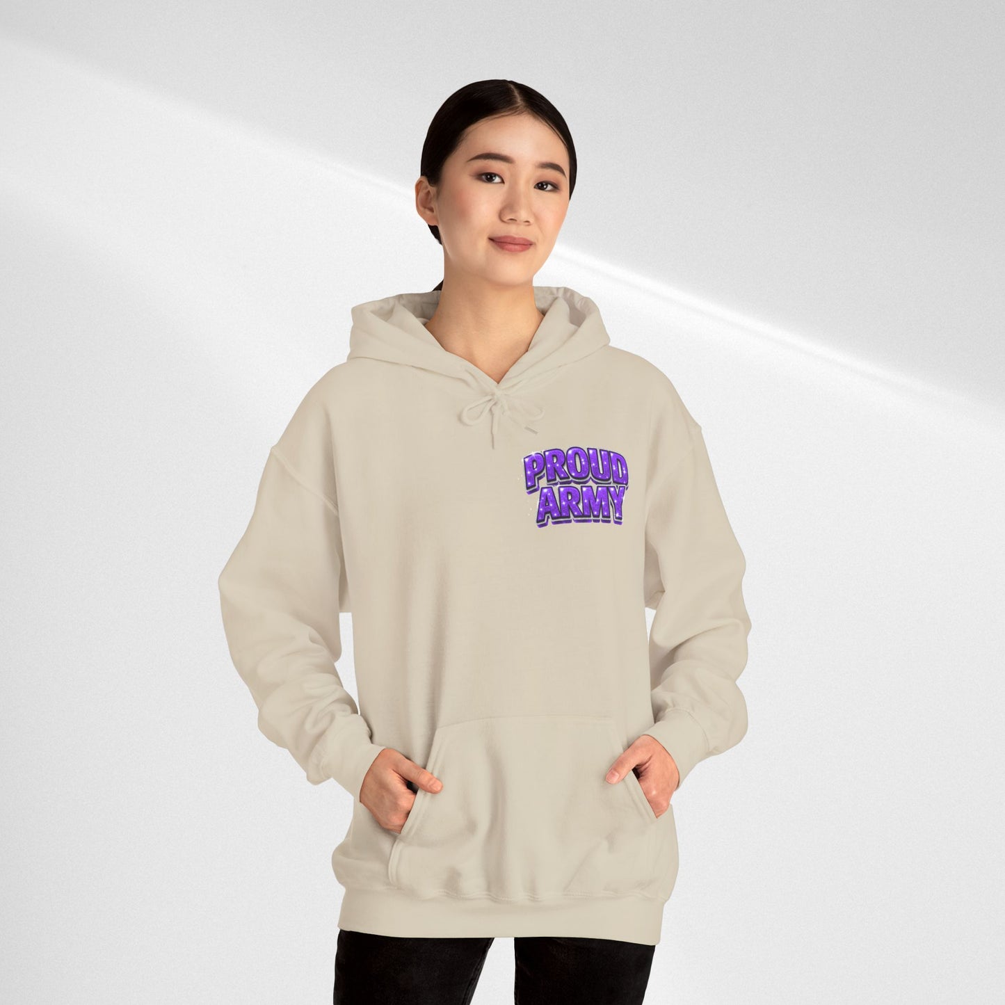 Proud Army Hoodie — Bold Purple Text Military Support Pullover