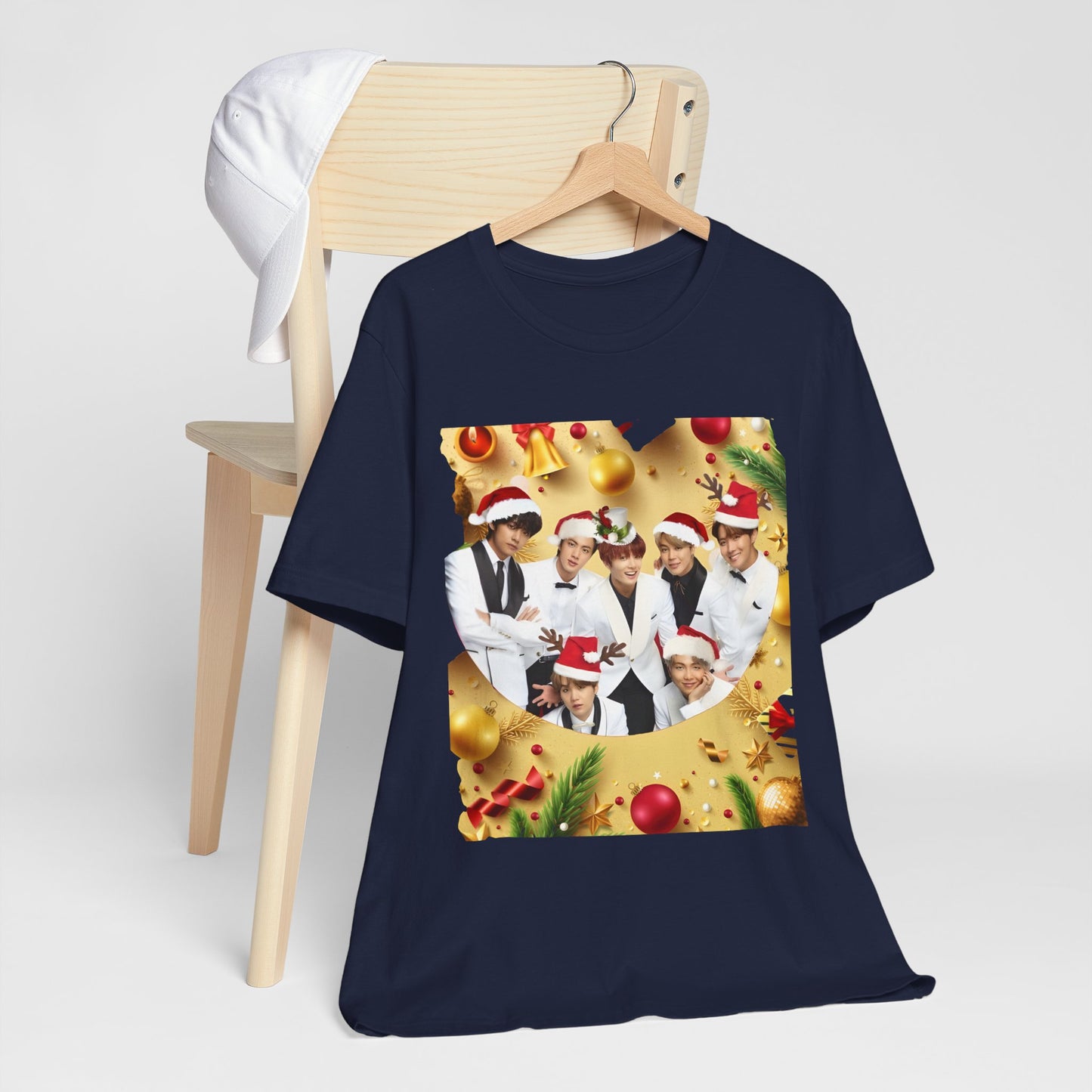 Christmas BTS Photo T‑Shirt — Holiday Santa Hat Group Design