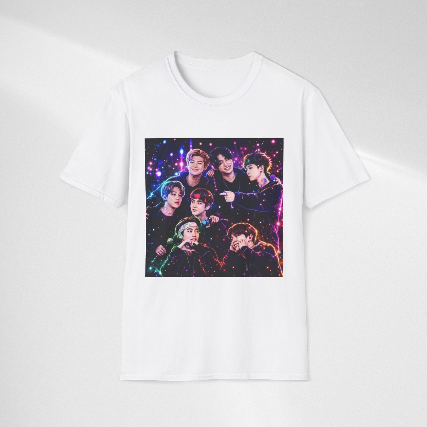 BTS K-Pop Group Photo Tee — Colorful Neon Concert Band Shirt