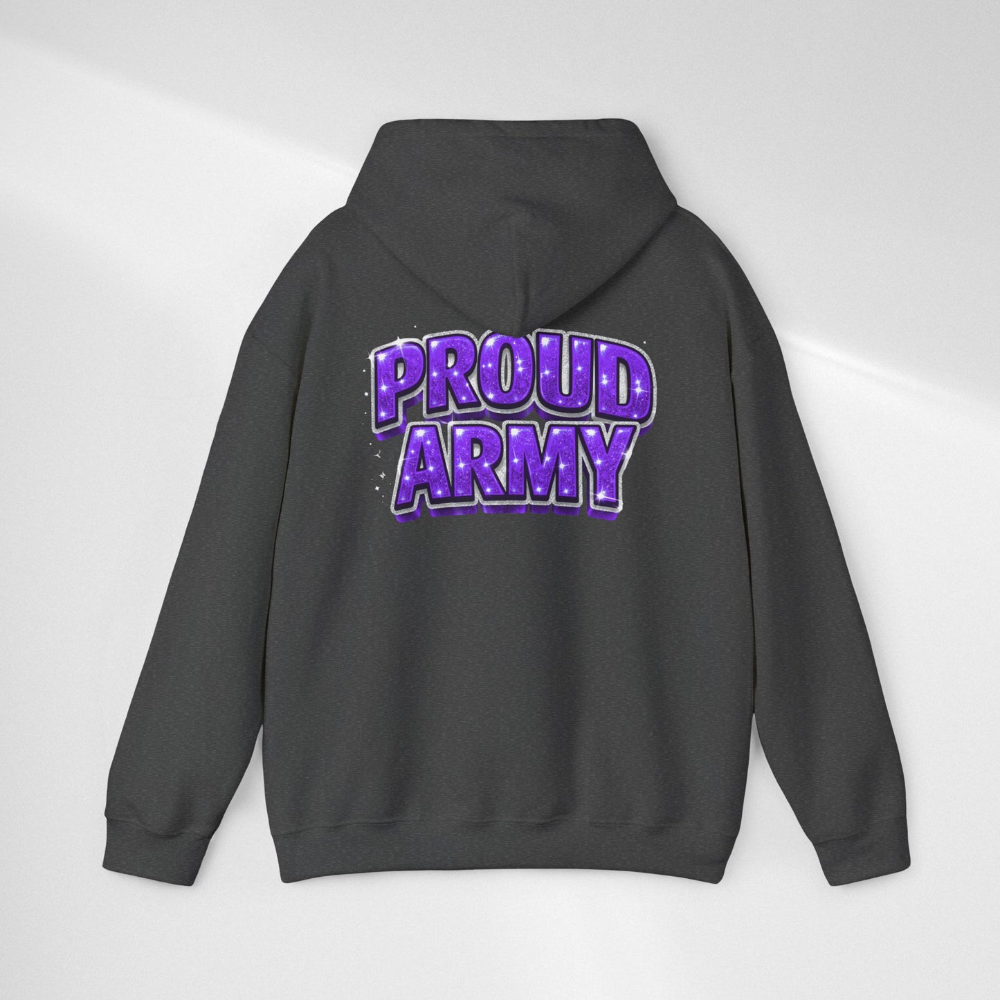 Proud Army Hoodie — Bold Purple Text Military Support Pullover