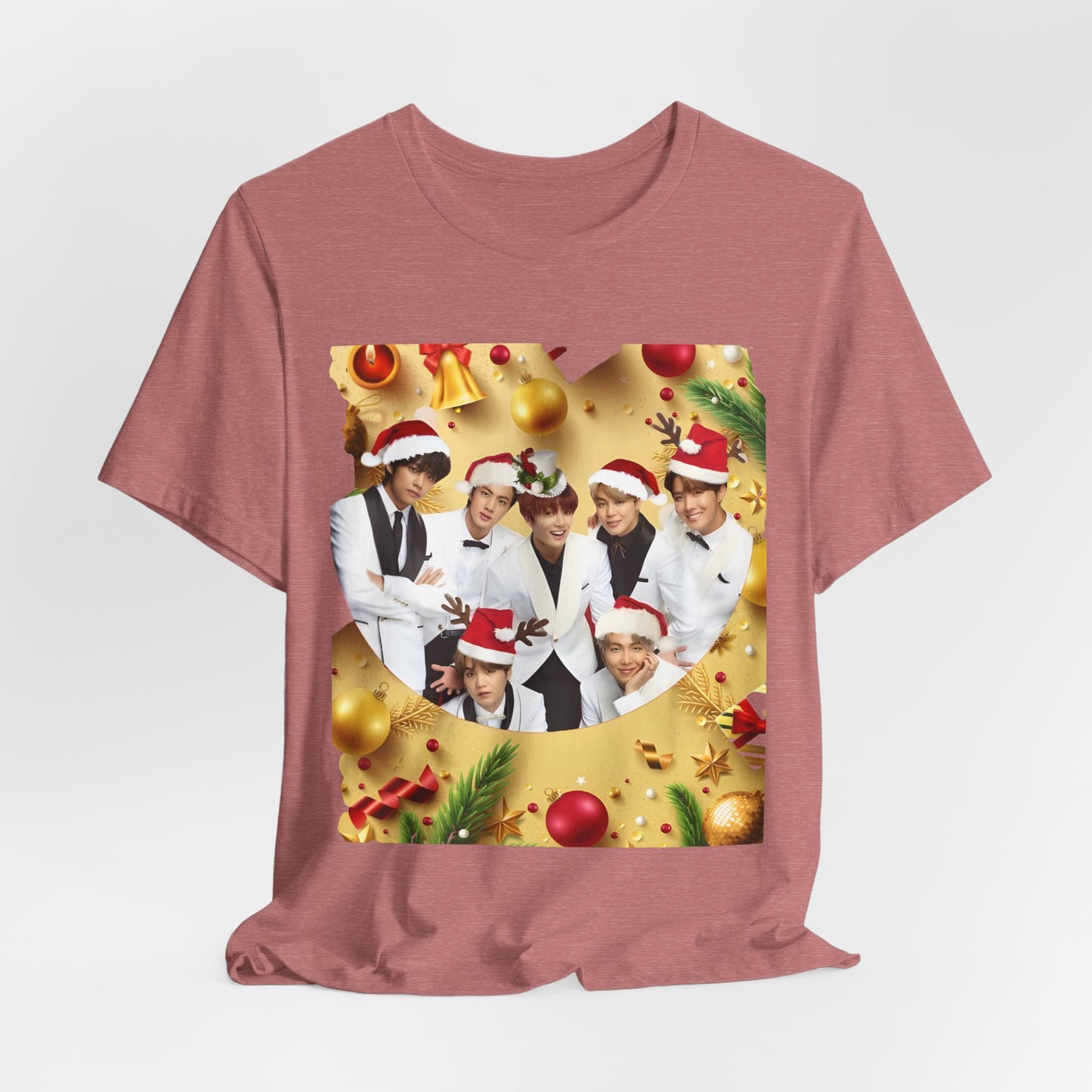 Christmas BTS Photo T‑Shirt — Holiday Santa Hat Group Design