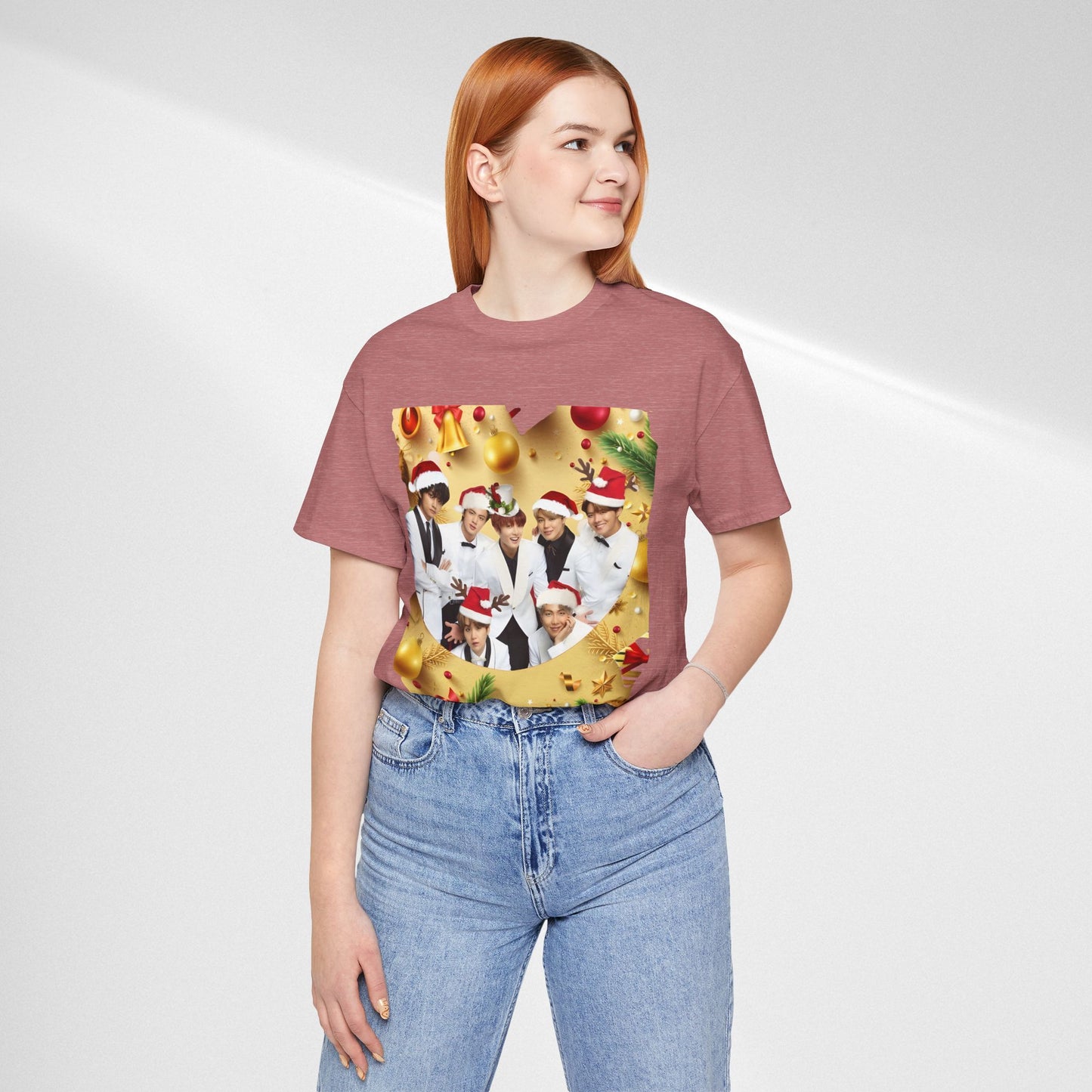 Christmas BTS Photo T‑Shirt — Holiday Santa Hat Group Design