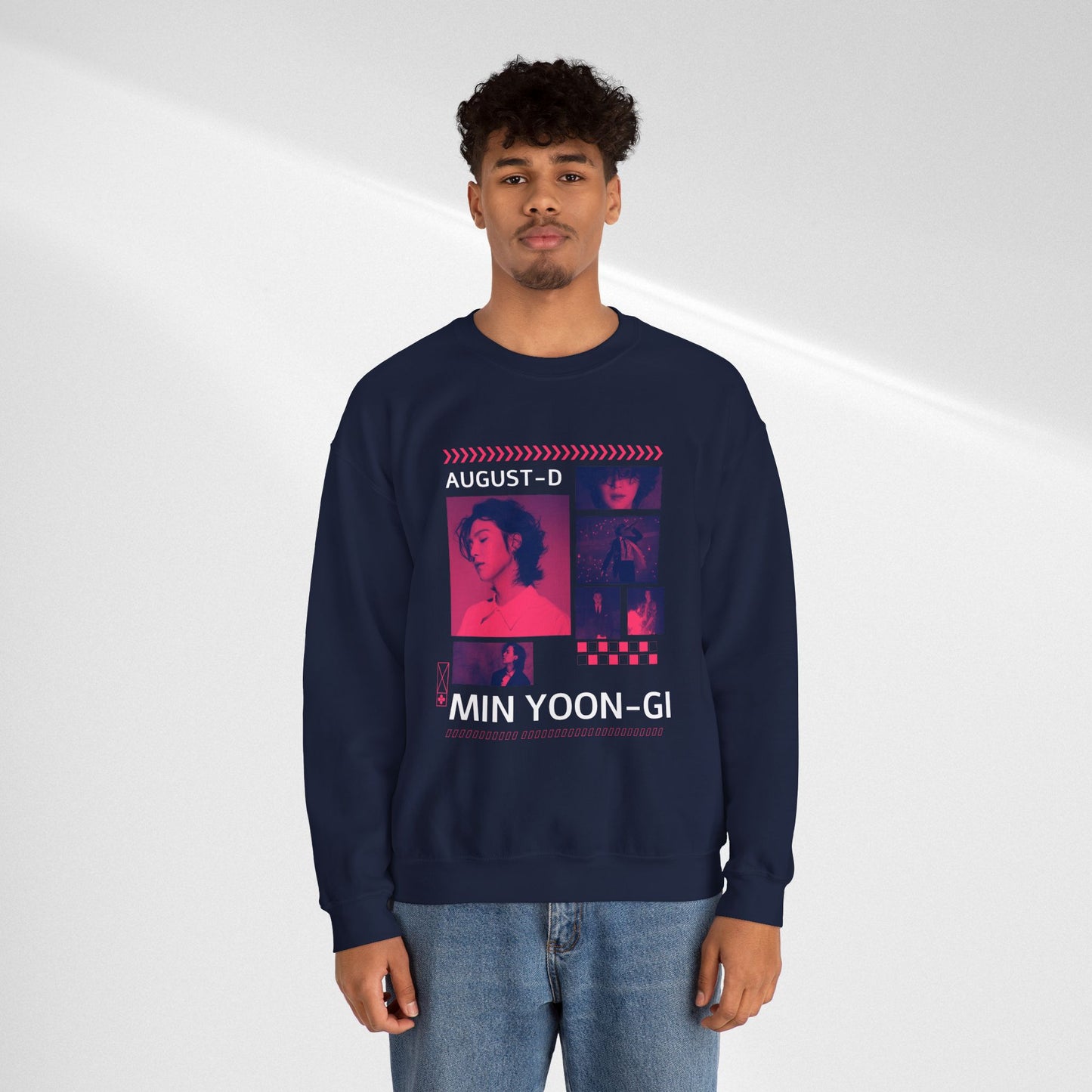 Graphic Crewneck Sweatshirt — 'MIN YOON-GI' Neon Photo Collage