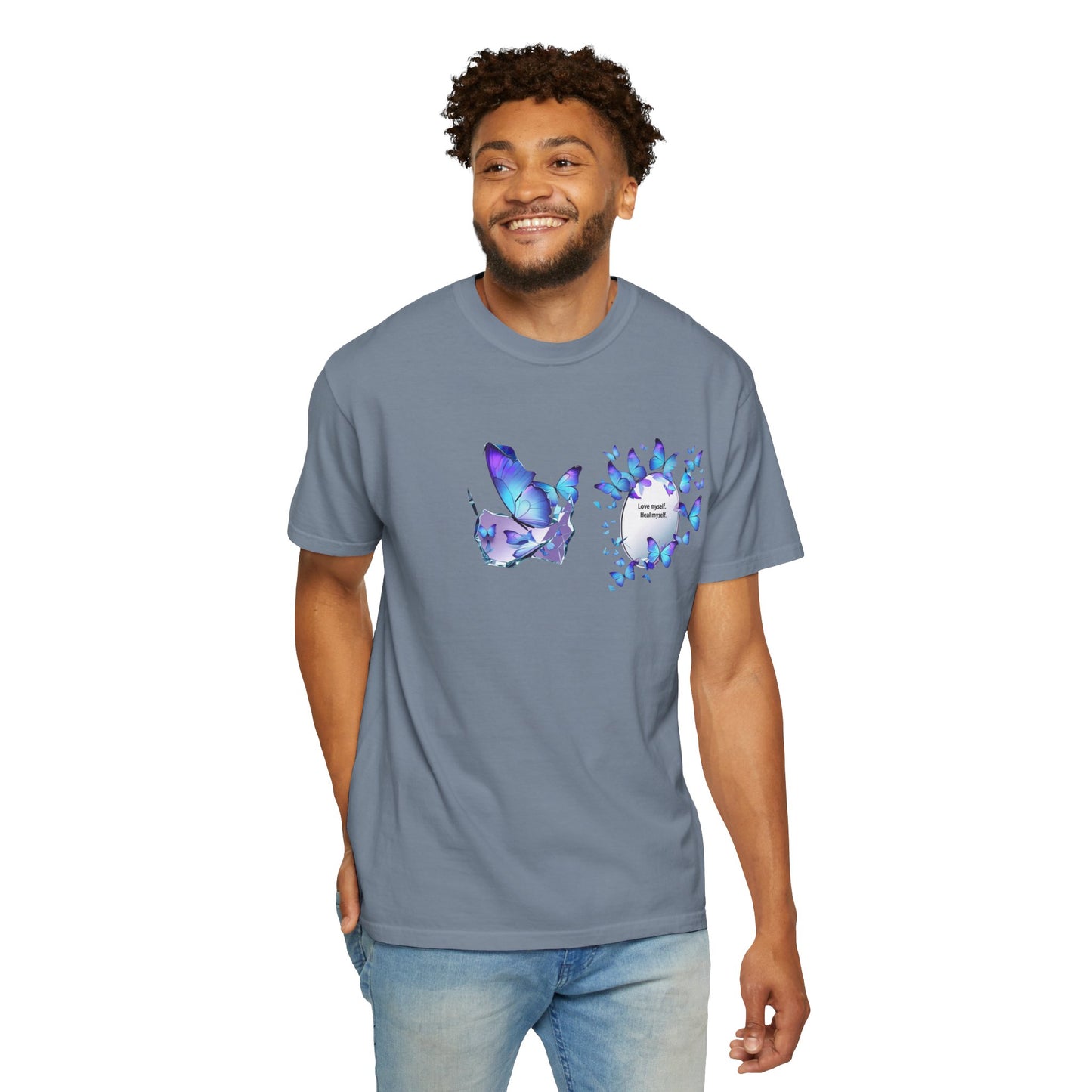 Butterfly Heart T-Shirt — Blue Watercolor Butterflies & "Everyone Deserves Love" Design